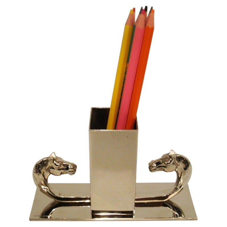 Hermès Equestrian Desk Pen / Pencils Holder, Silvered Horses, Desk Accessorie