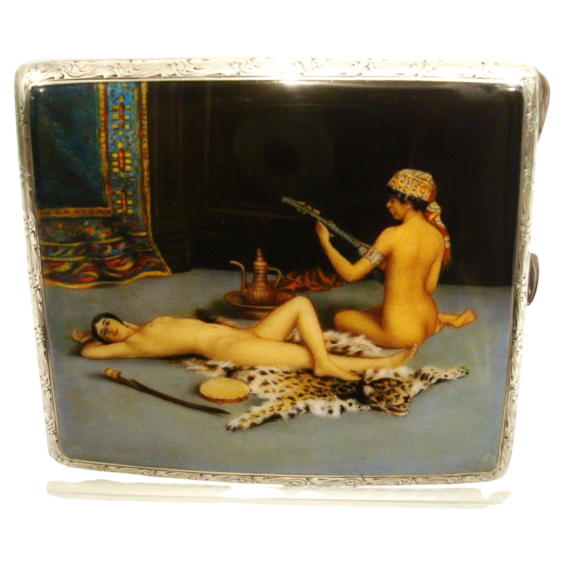 Austrian Silver and Enamel Erotic Cigarette Case with Orientalist Scene