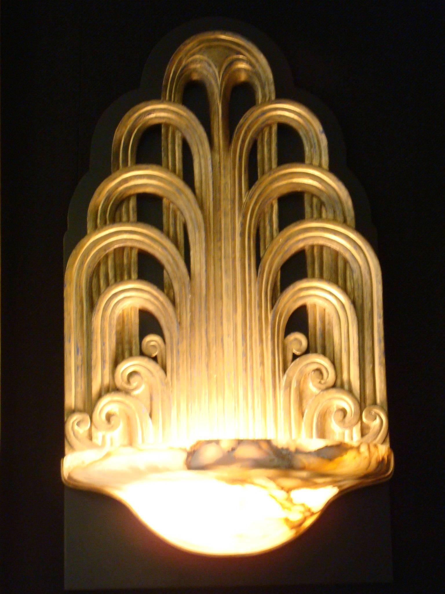French Pair of Art Deco Fountain Sconces Wall Lights Theater Lamps, circa 1930
