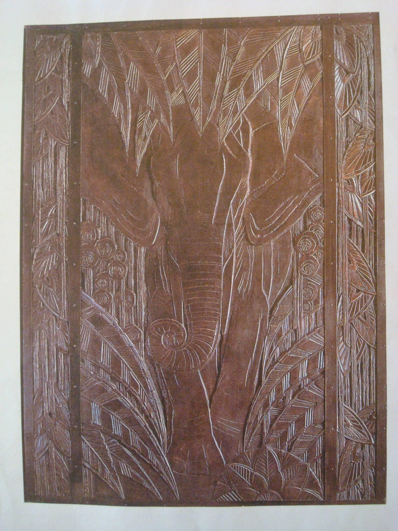Art Deco Polychromed Carved Elephant in the Middle of the Jungle Wall Panel 2