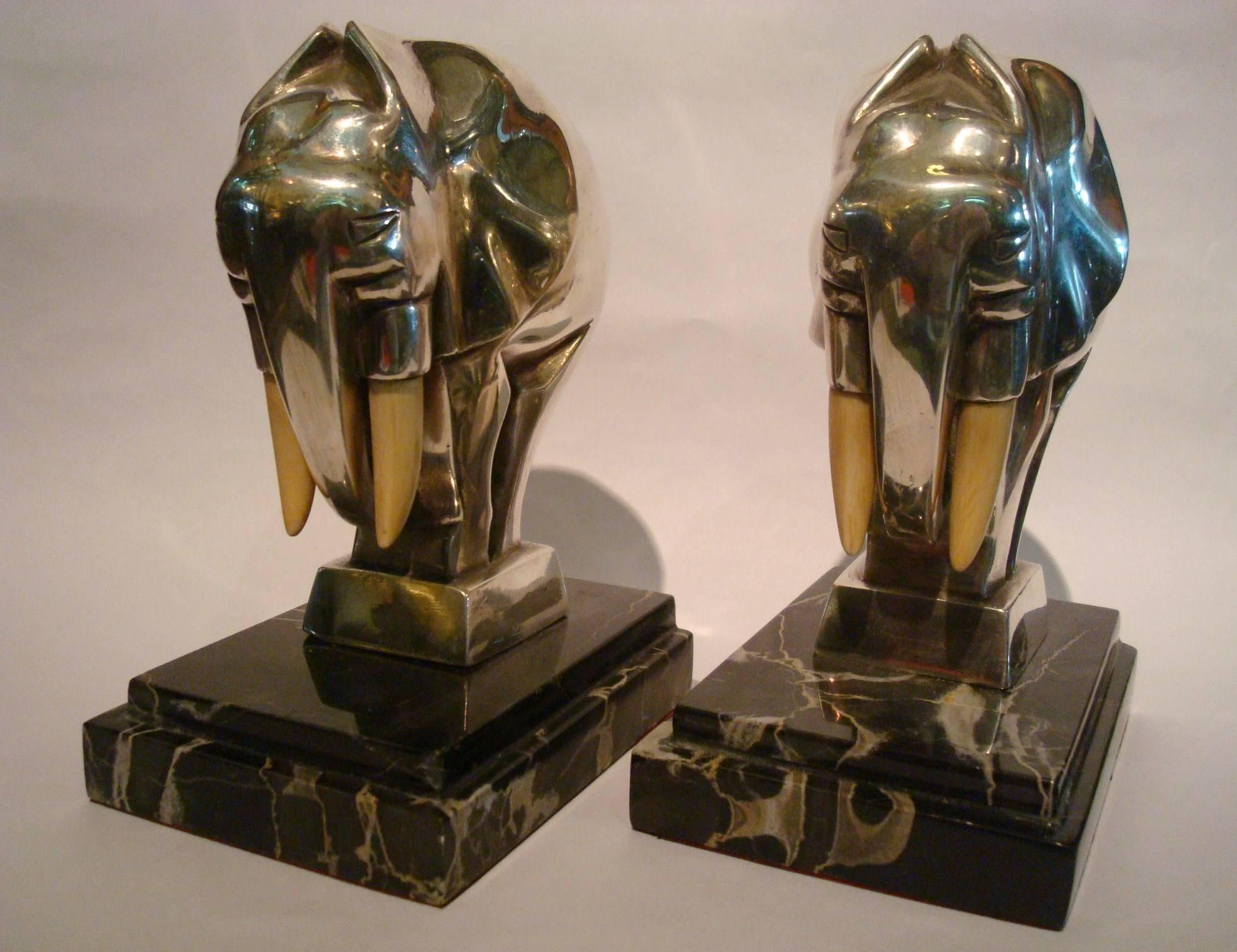 Silvered Fantastic Art Deco Elephant Bookends Signed G. H. Laurent, France, 1920s