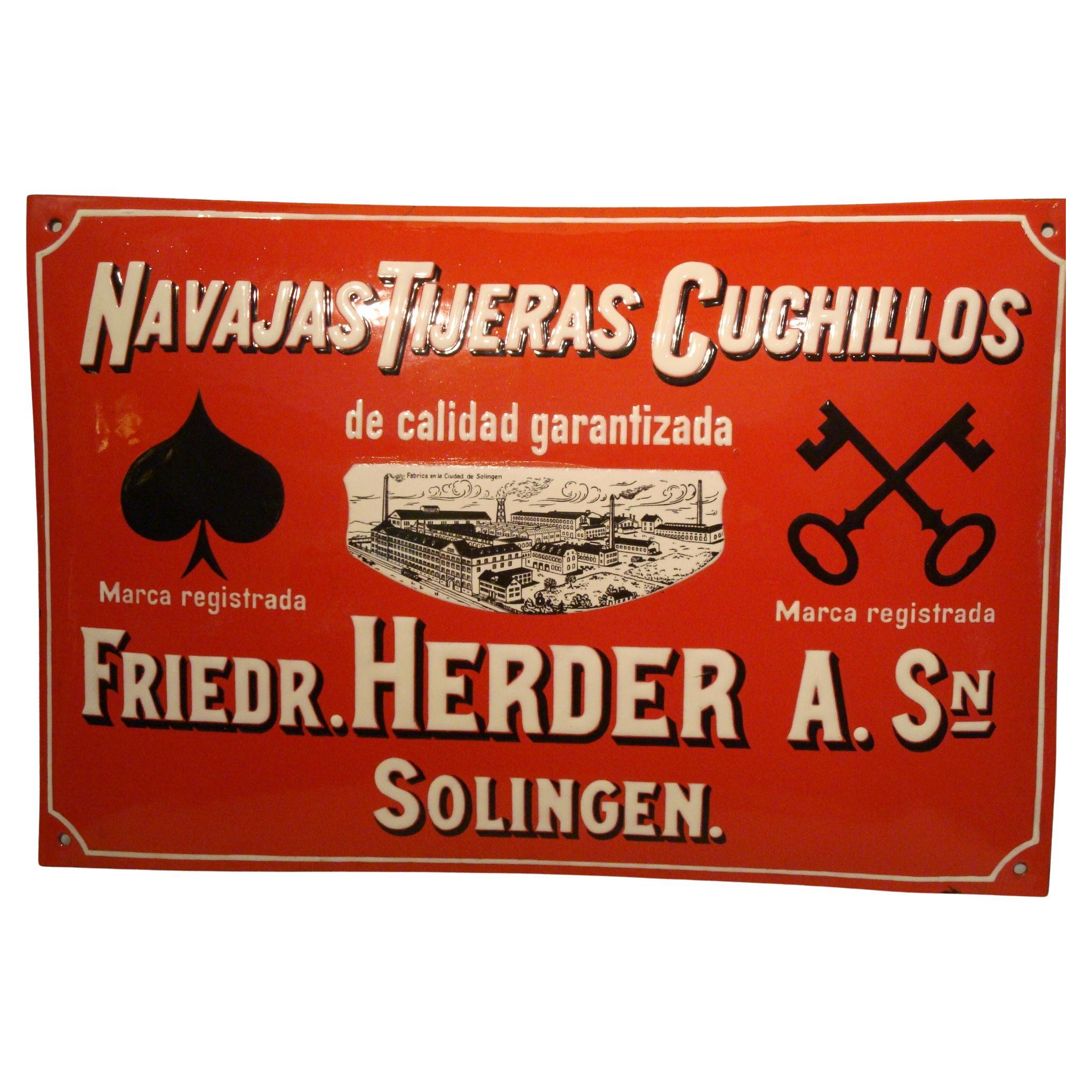 Friedr. Herder Solingen Knife Scissors and Shaving Razor Advertising Enamel Sign