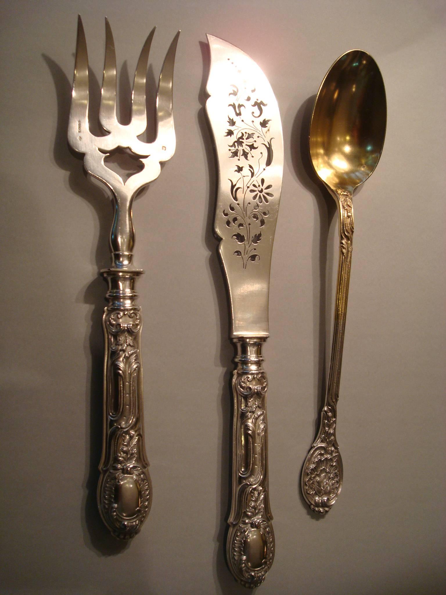 Rococo Odiot Meissonnier Sterling Silver Cutlery Flatware for 12, France 1