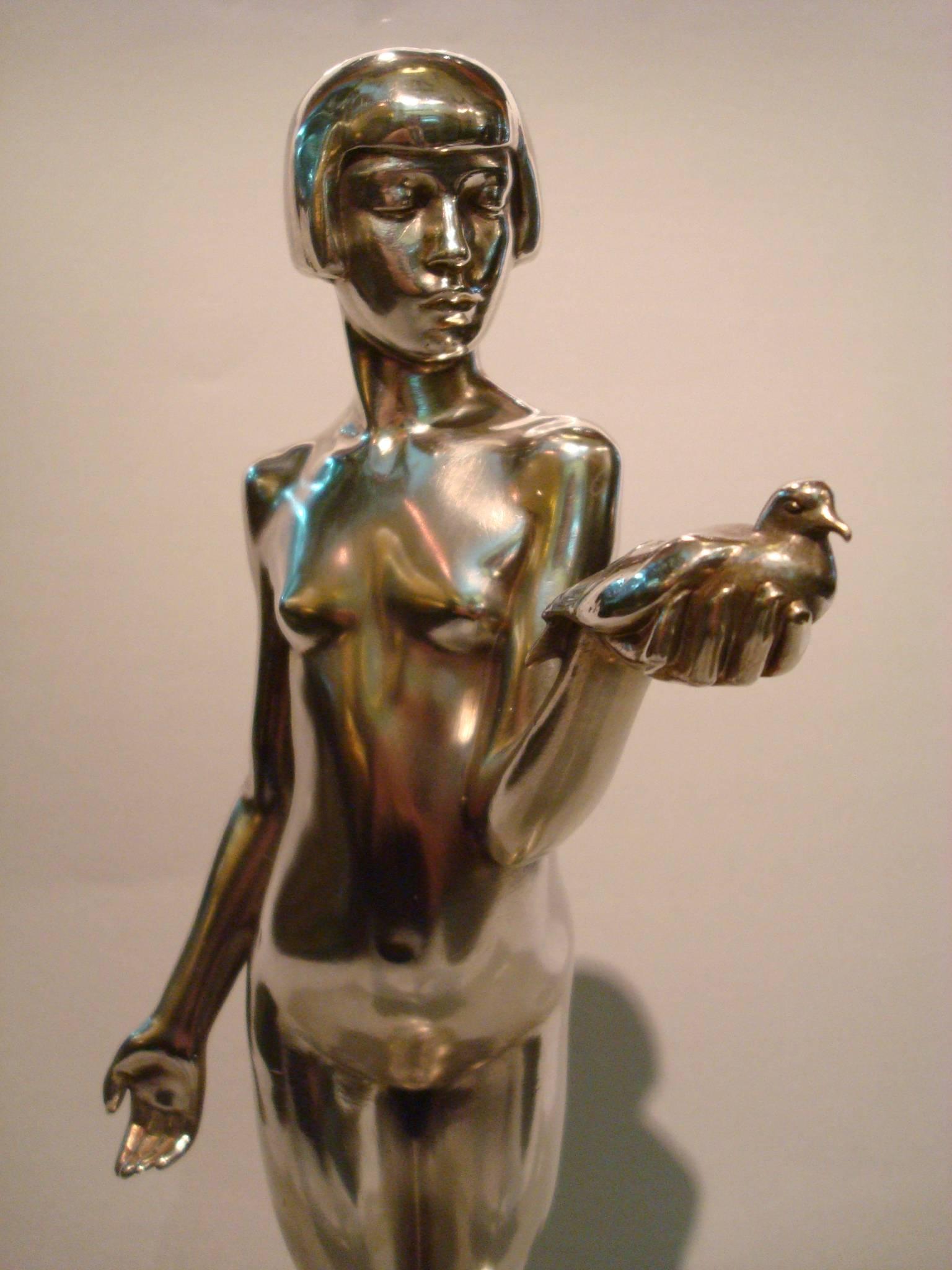 Art Deco Bronze Sculpture of Nude Girl with Dove by Henry Arnold, France, 1928 1