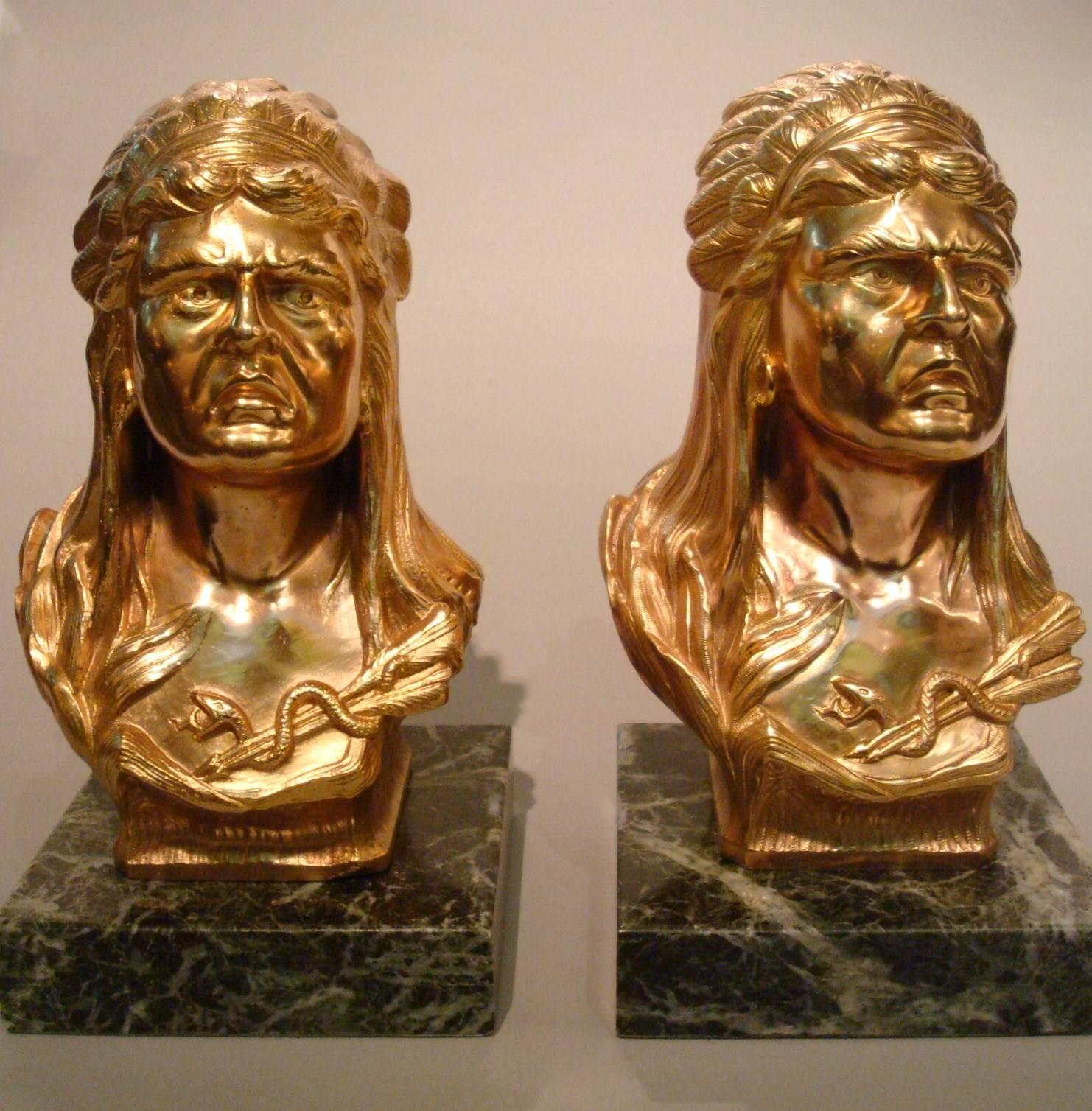 Fantastic bronze bookends. Gilt bronze sculptures of North American native tribal chief. Mounted over green marble. Signed A. Bofill and numbered 35 and France.