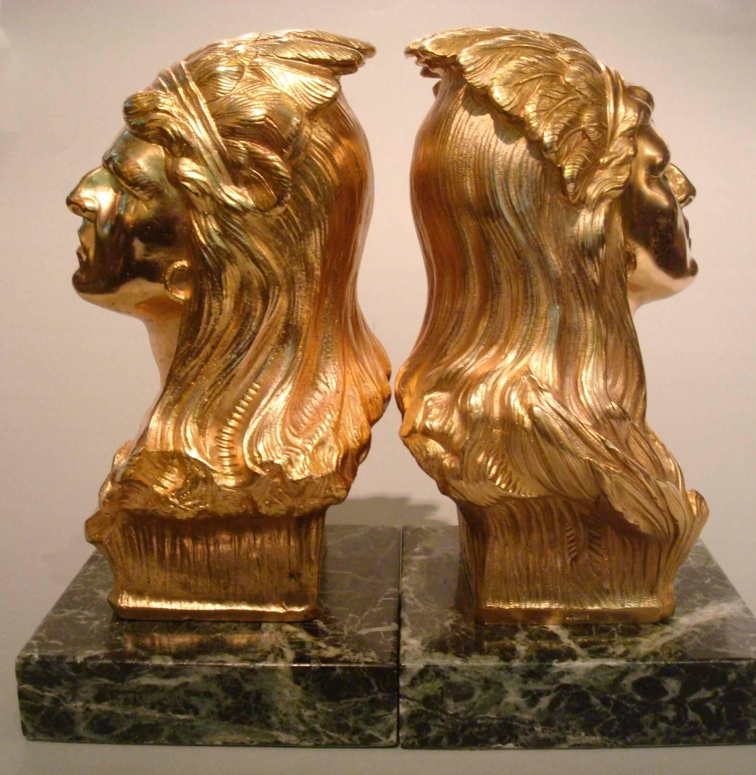 Art Deco Gilt Bronze Native North American Indians Bookends, France, 1920 For Sale