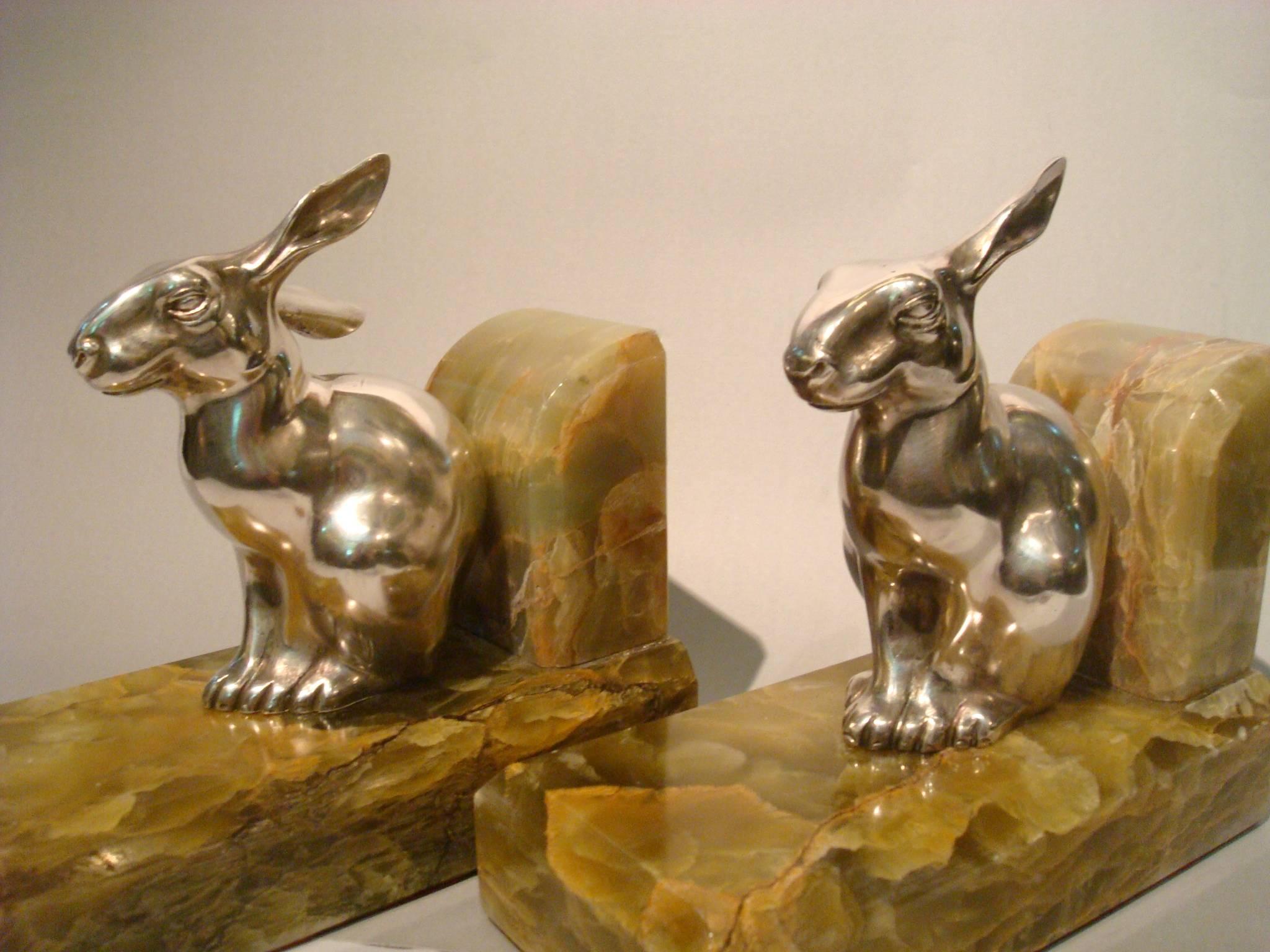 Brass Art Deco Rabbit, Hare Silver Plated Bronze Bookends, A.E.L, 1920s For Sale