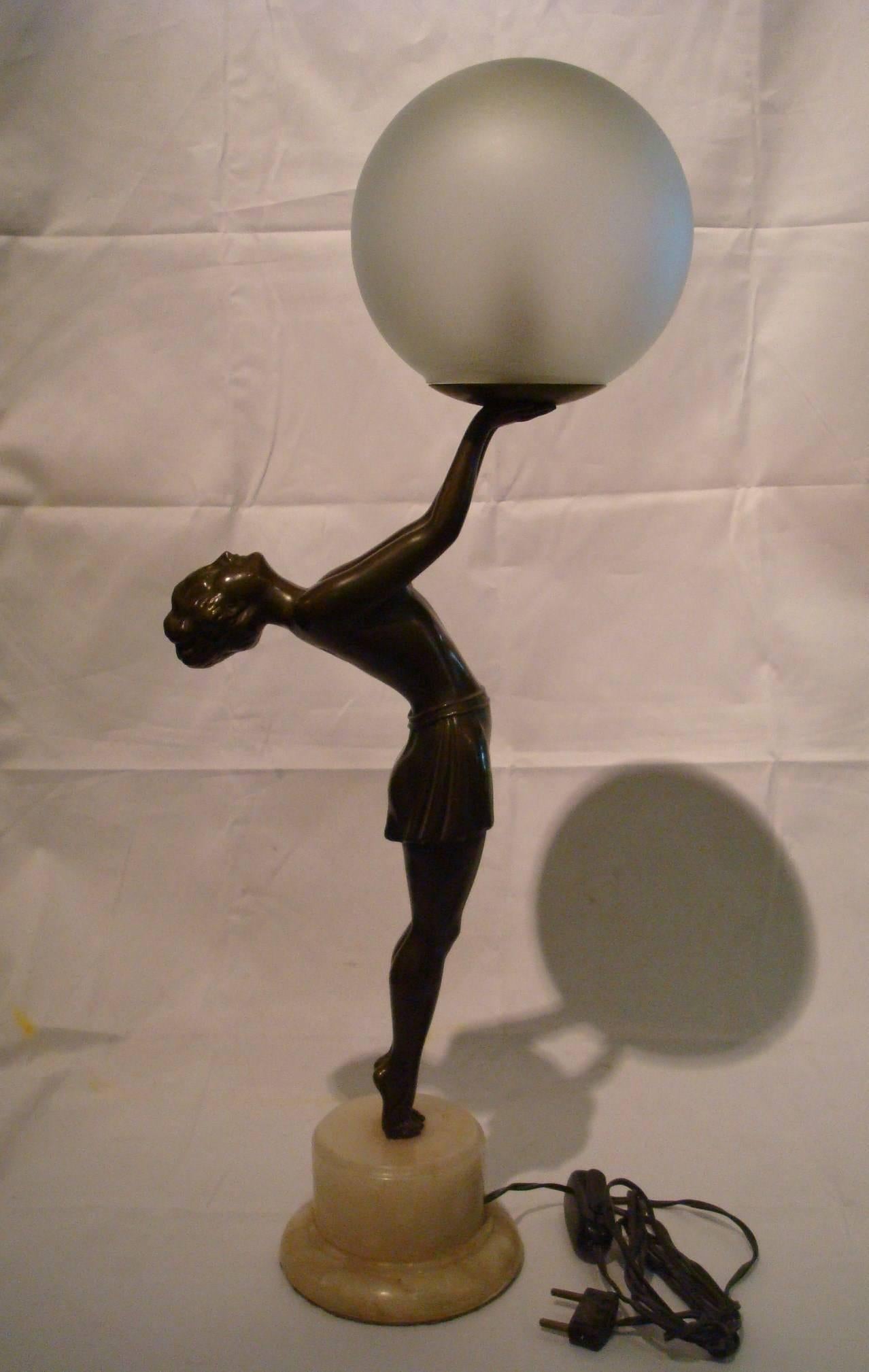 Spelter French Art Deco Female Figure, Statue Lamp by Balleste
