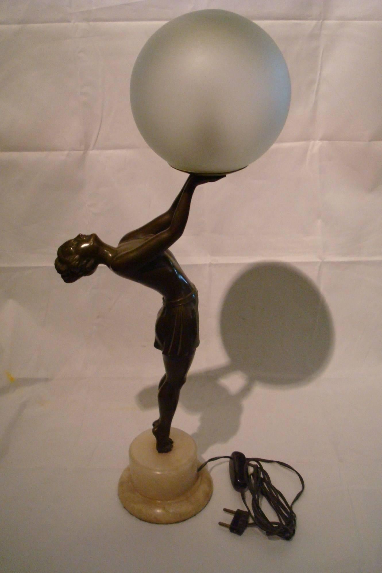 French Art Deco Female Figure, Statue Lamp by Balleste 1