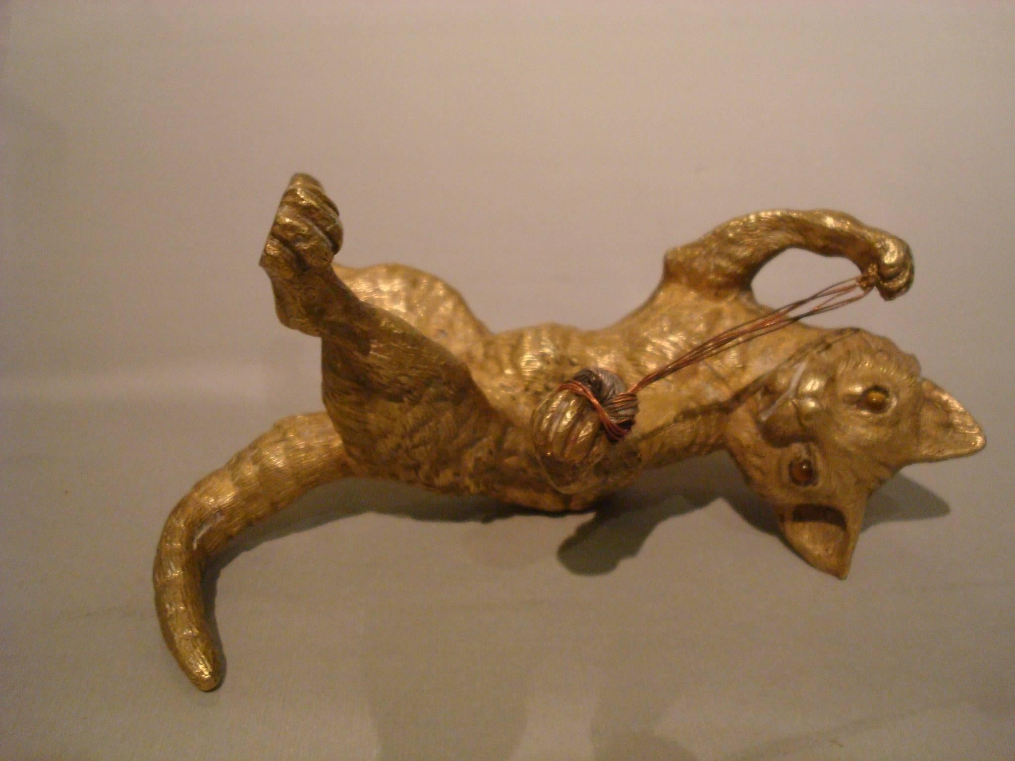 Austrian Vienna Gilt Bronze Figurine of a Cat Playing with a Ball of Wool 1
