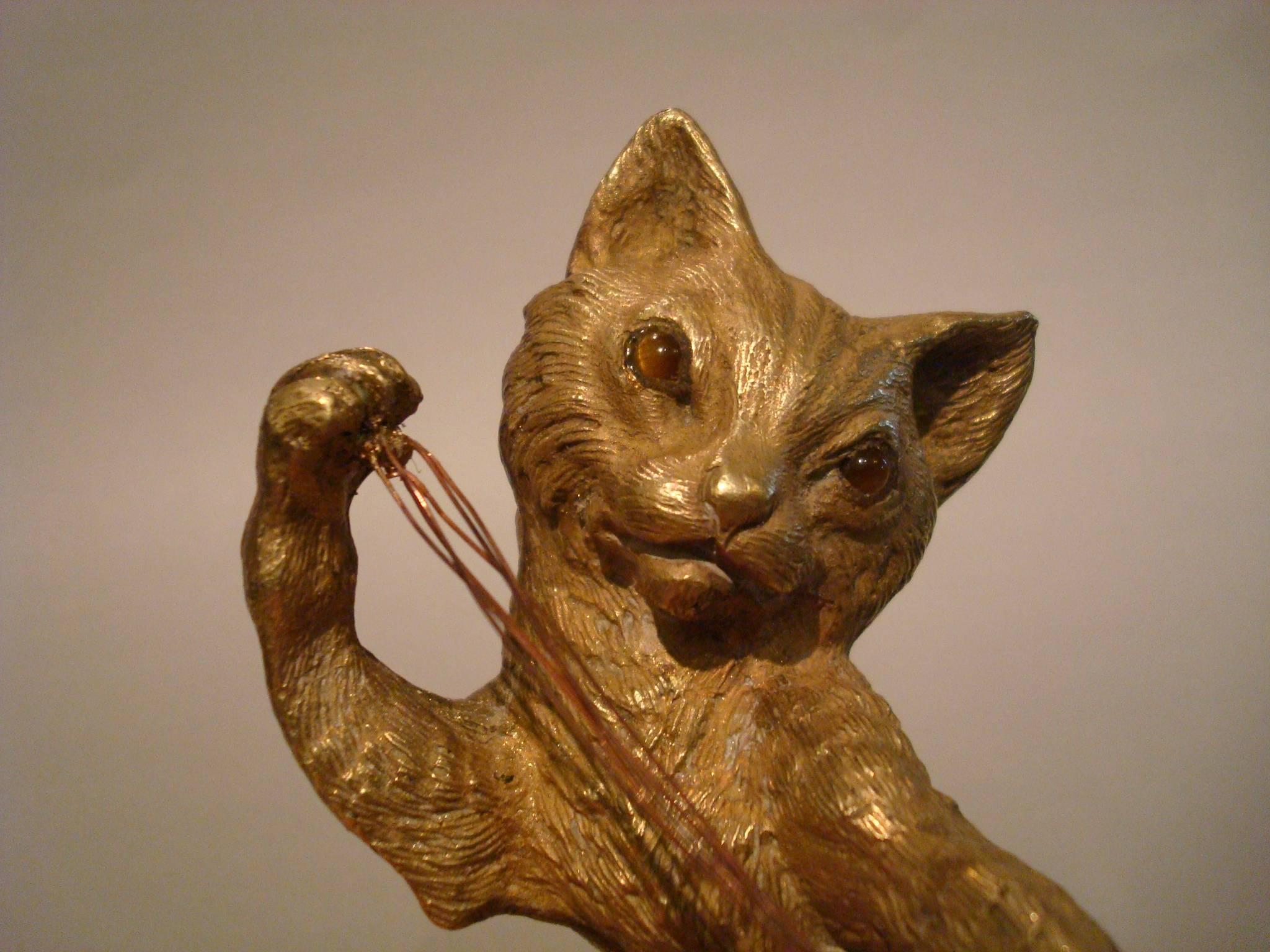 Austrian Vienna Gilt Bronze Figurine of a Cat Playing with a Ball of Wool 3