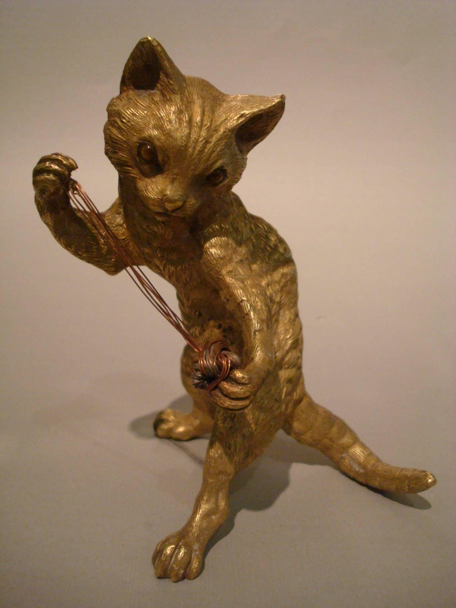 Austrian Vienna Gilt Bronze Figurine of a Cat Playing with a Ball of Wool 4