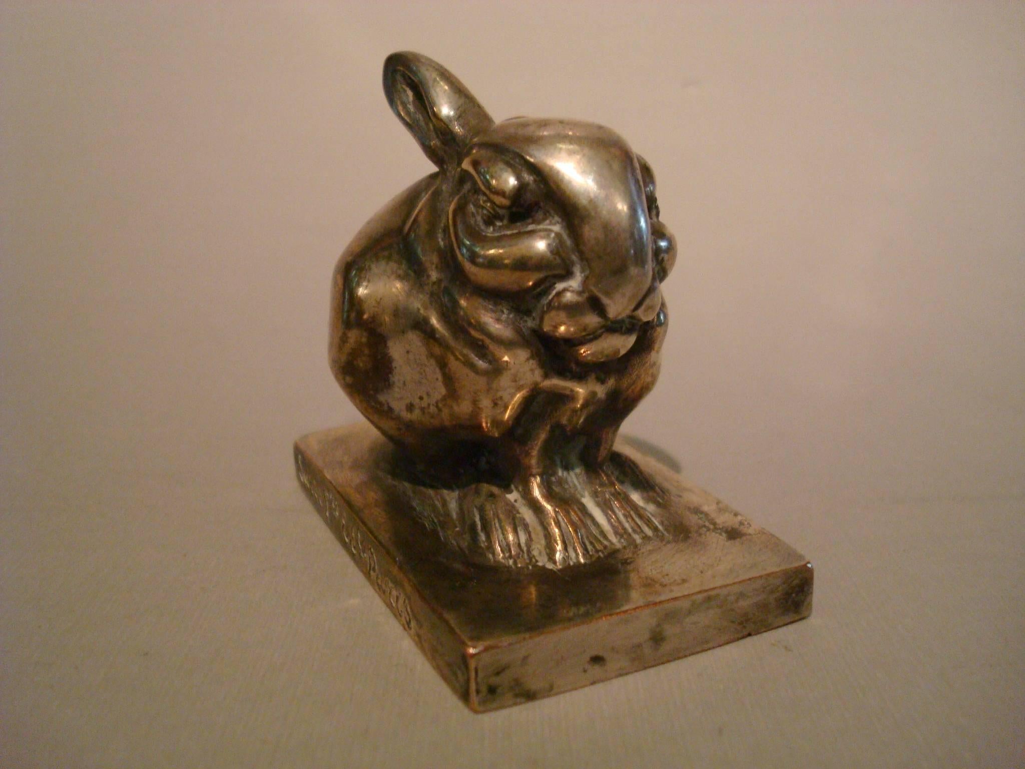 Art Deco Edouard Marcel Sandoz little silvered bronze lapin rabbit, signed on the base Ed. M. Sandoz and Susse Freres Paris.