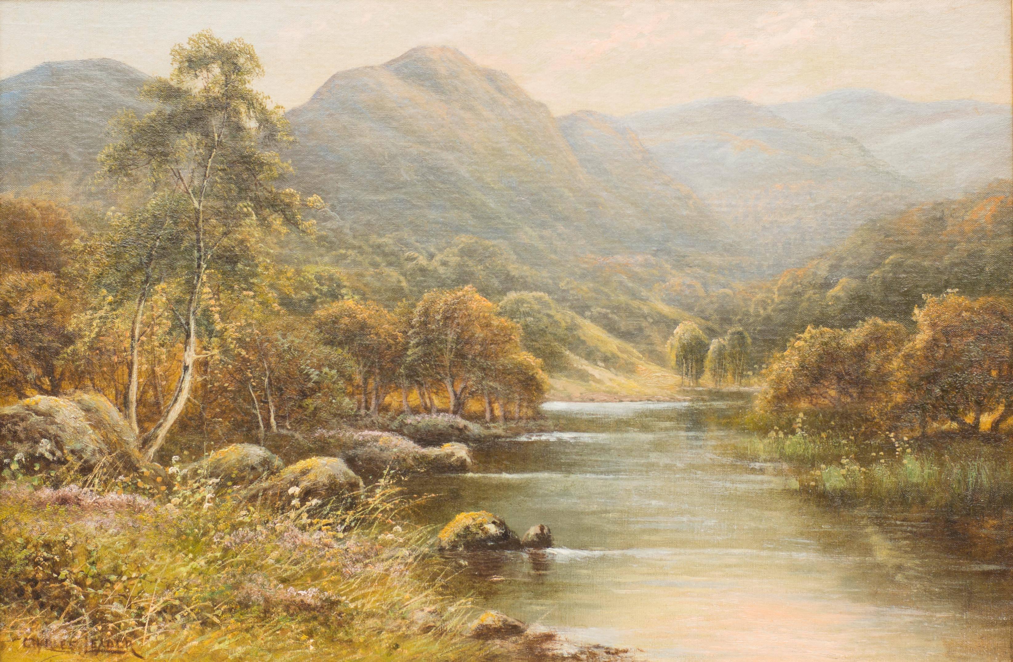Victorian Mountain River Landscape, Oil on Canvas by Charles Leader For Sale