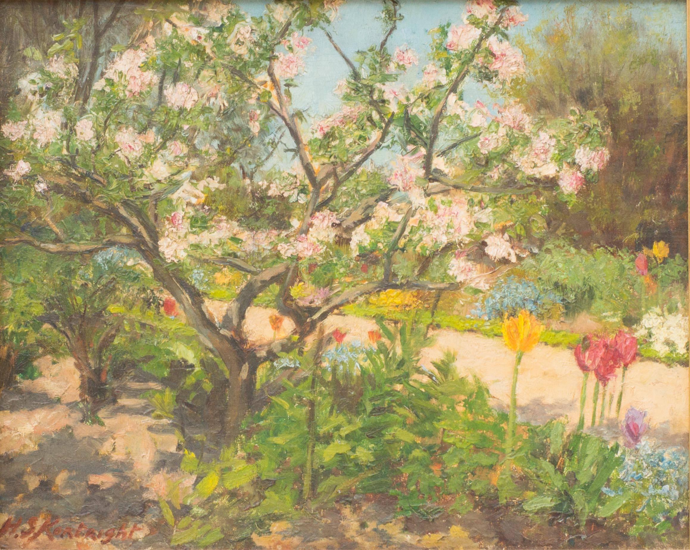 British Apple Blossom in Sunlight, Original Oil on Canvas Painting For Sale