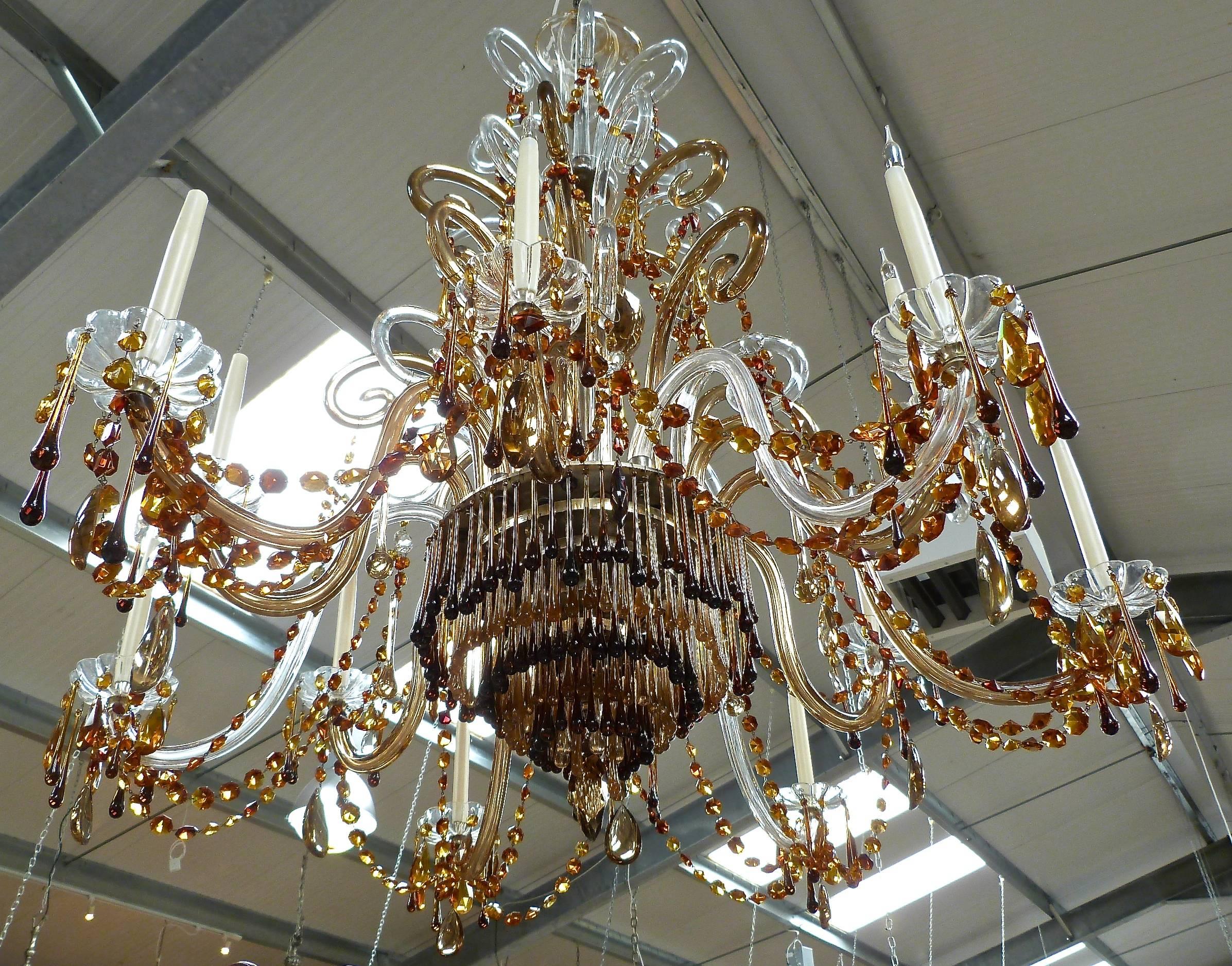 A magnificent 20th century twelve-arm unusual amber and clear glass chandelier of impressive proportions.