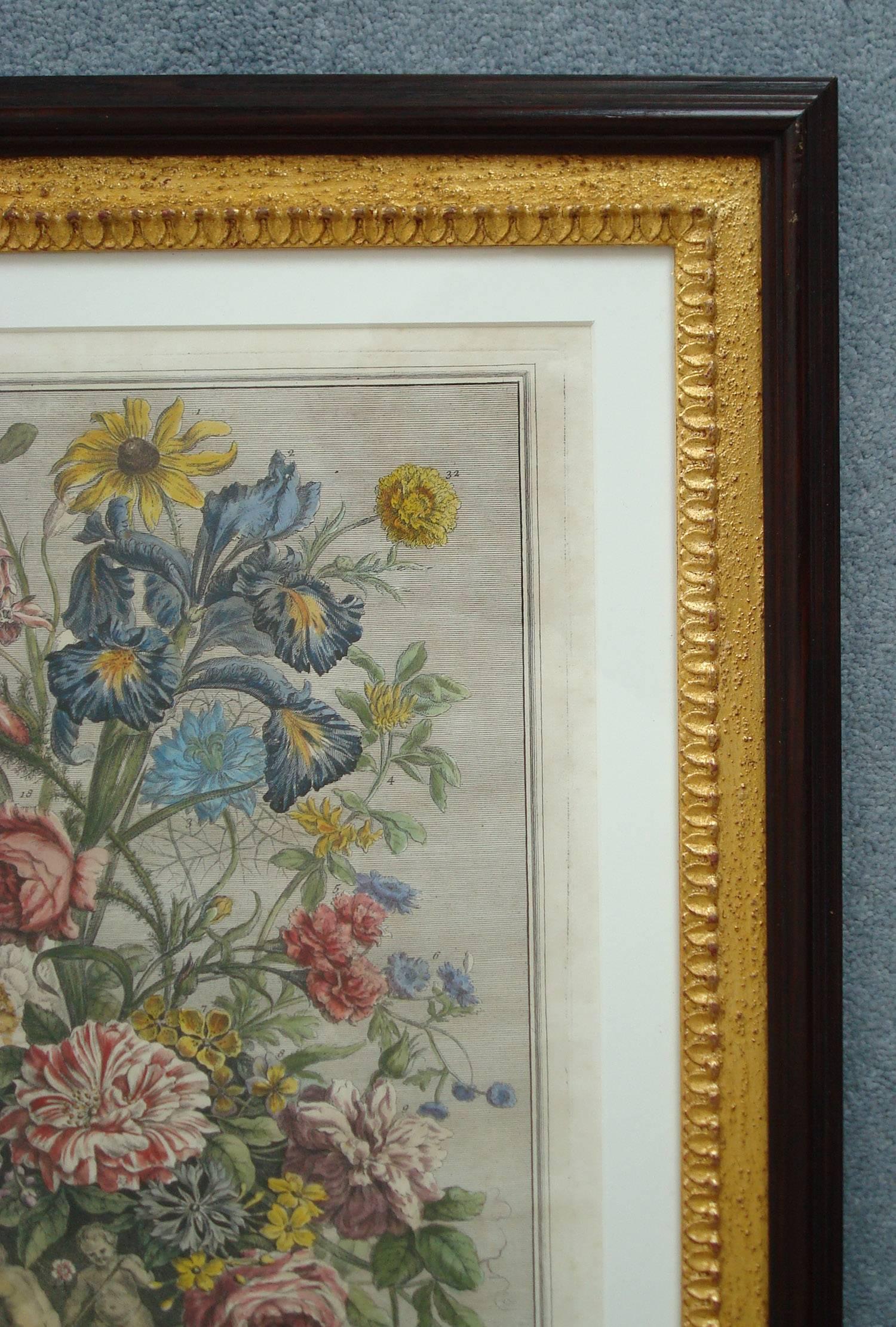 12 months of flowers.
The set of 12 colored engravings by H Fletcher from paintings by Pieter Casteels. Published by Robert Furber, Gardener at Kensington in 1730.

Image size 35.5 x 29.20cms.
Frame size 62 x 50cms.

The frames are recently