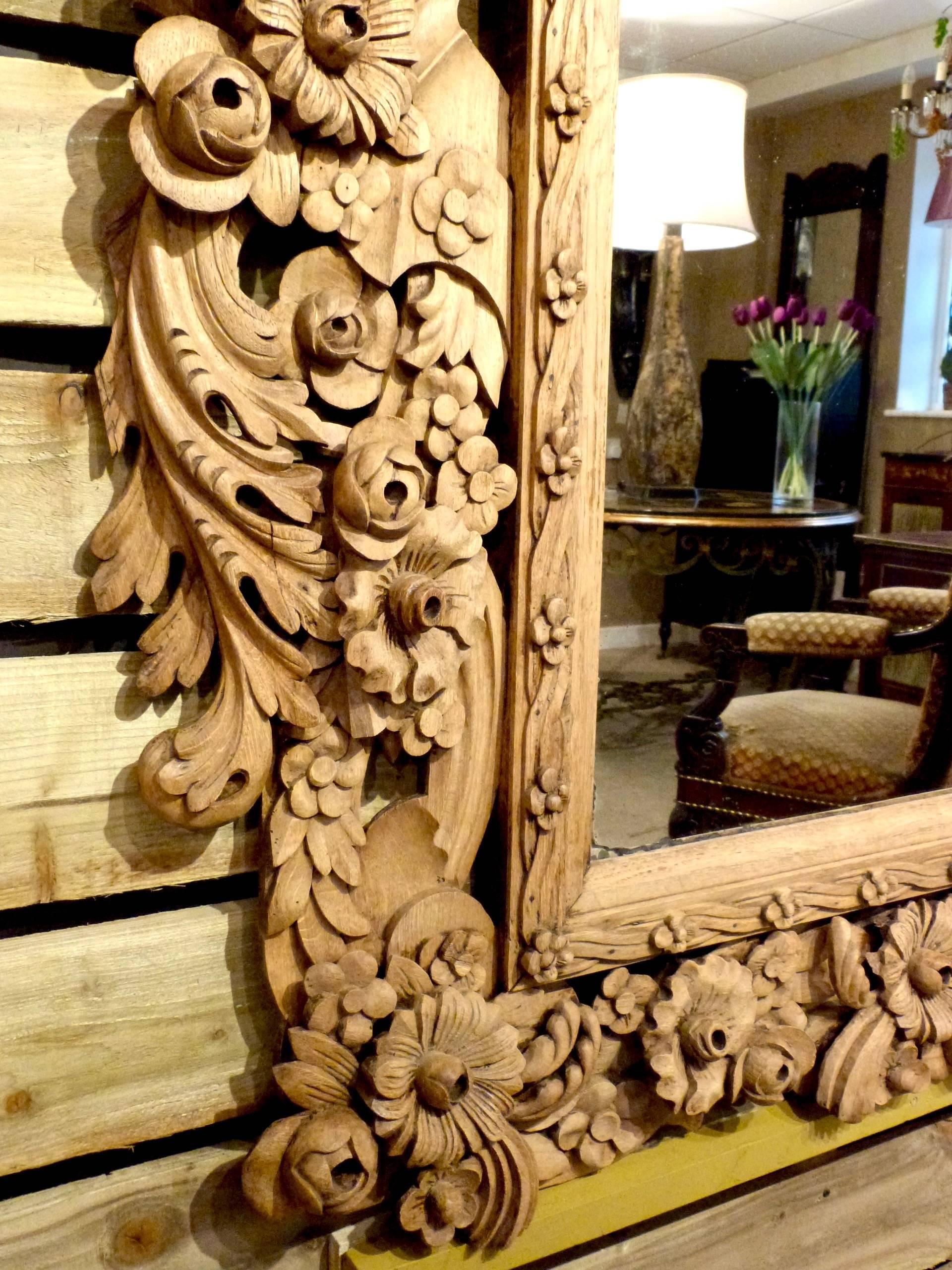 Italian Large and Decorative Carved and Bleached Oak Mirror For Sale