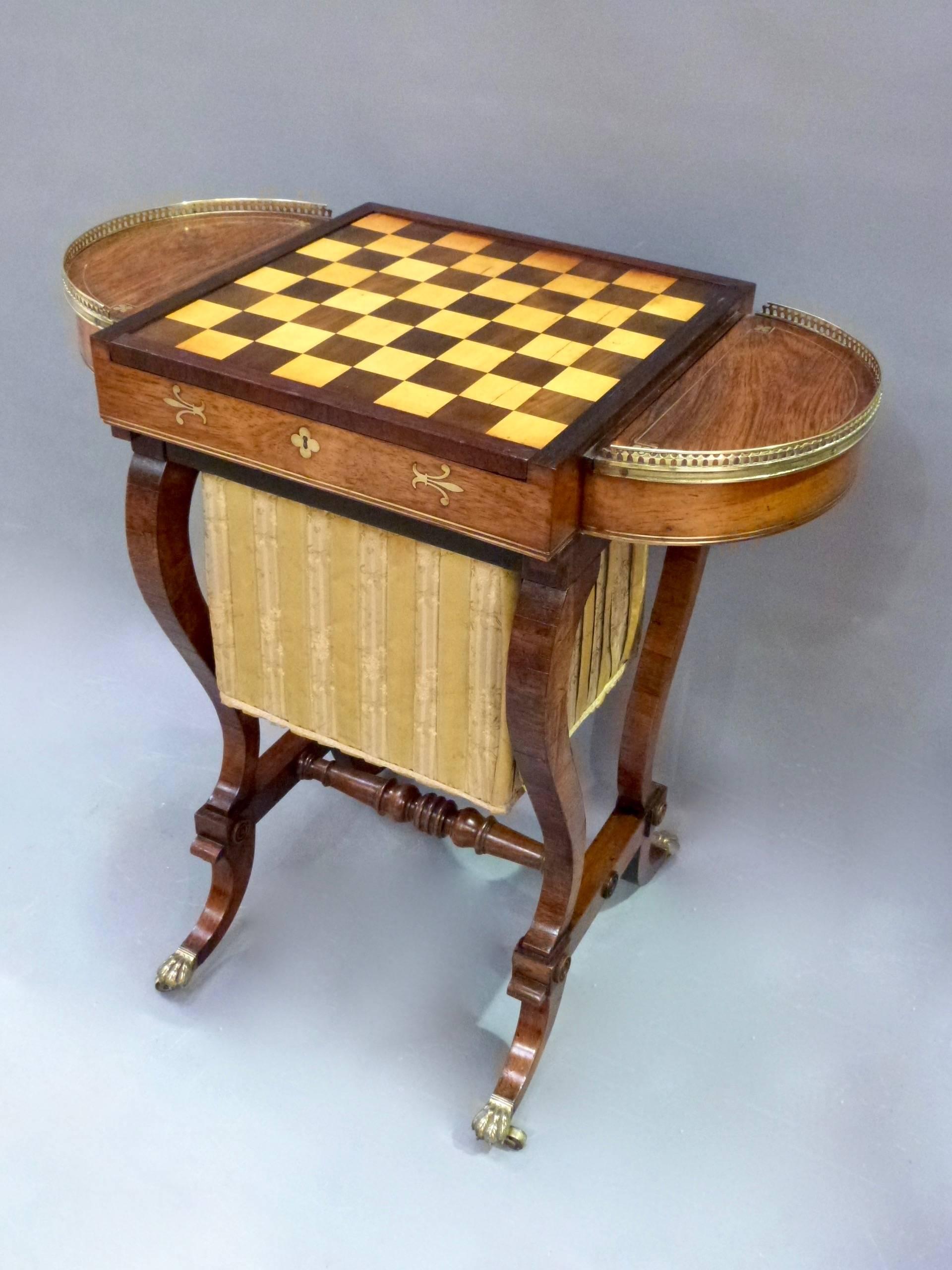 Inlay Fine Regency Rosewood Brass Inlaid Games and Sewing Table For Sale