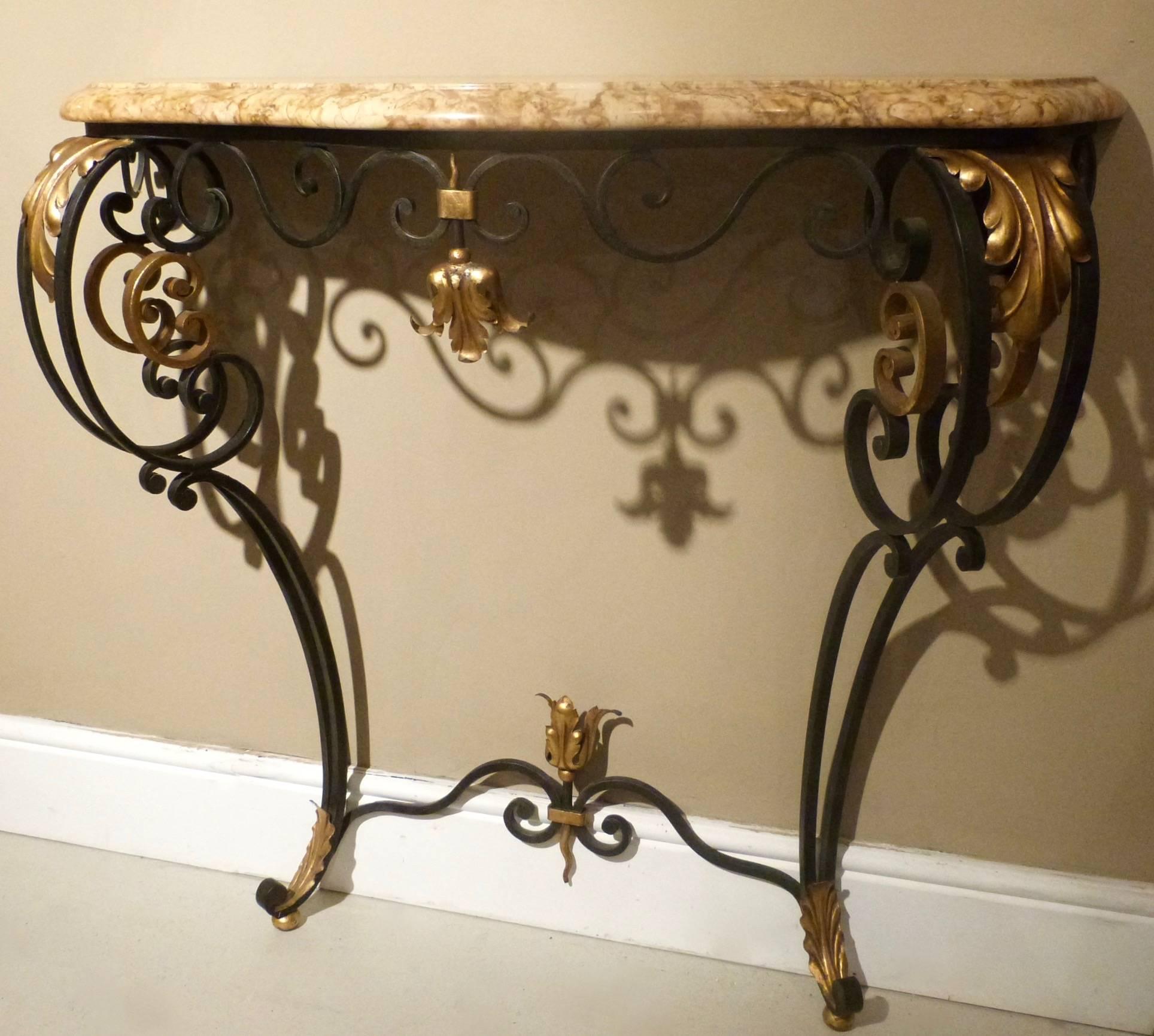 Gilt Metal Pair of 20th Century French Wrought Iron Console Tables For Sale