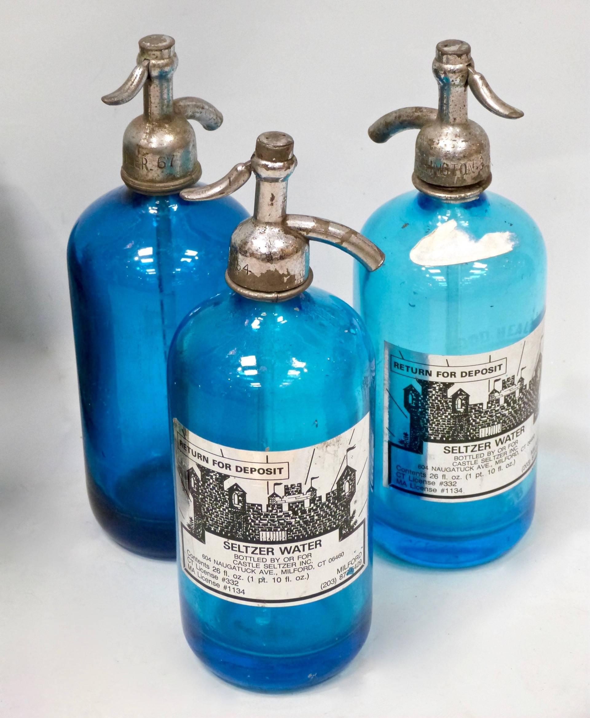 Mid-Century Modern 20th Century Collection of Ten Antique Blue Siphon Bottles For Sale