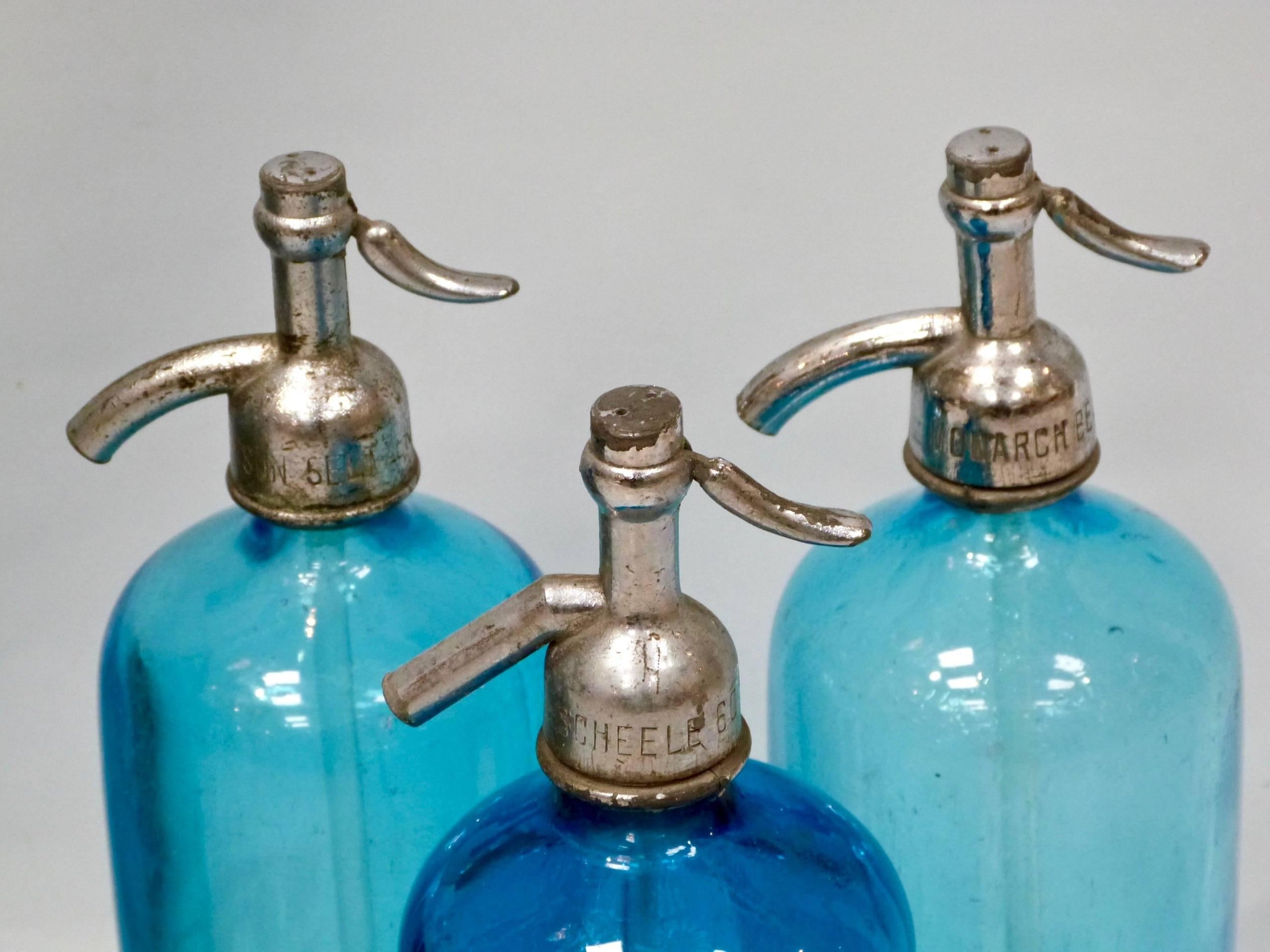 Mid-20th Century 20th Century Collection of Ten Antique Blue Siphon Bottles For Sale