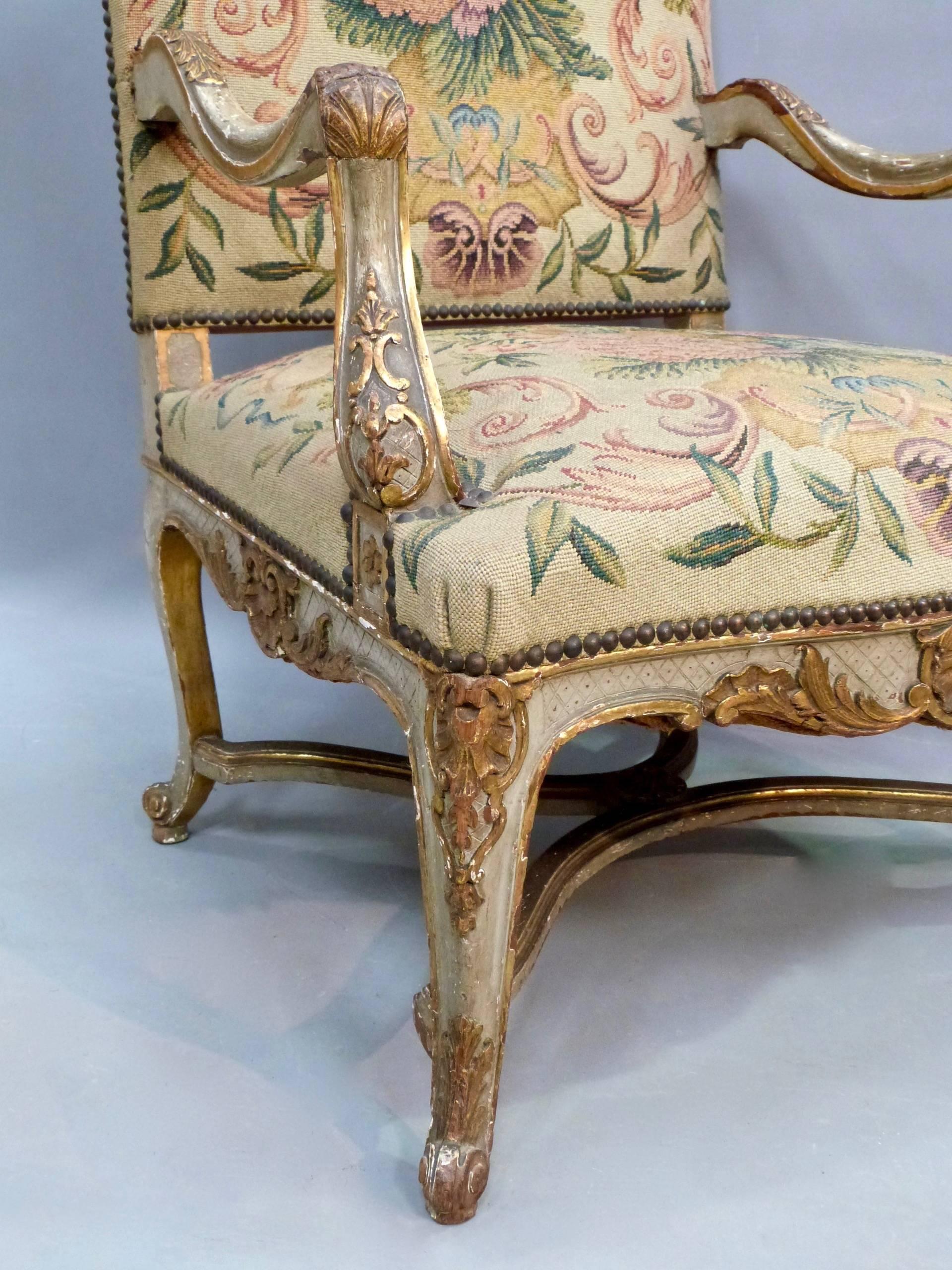 Pair of 19th Century French Painted and Gilt Armchairs In Distressed Condition For Sale In Froxfield, Wiltshire