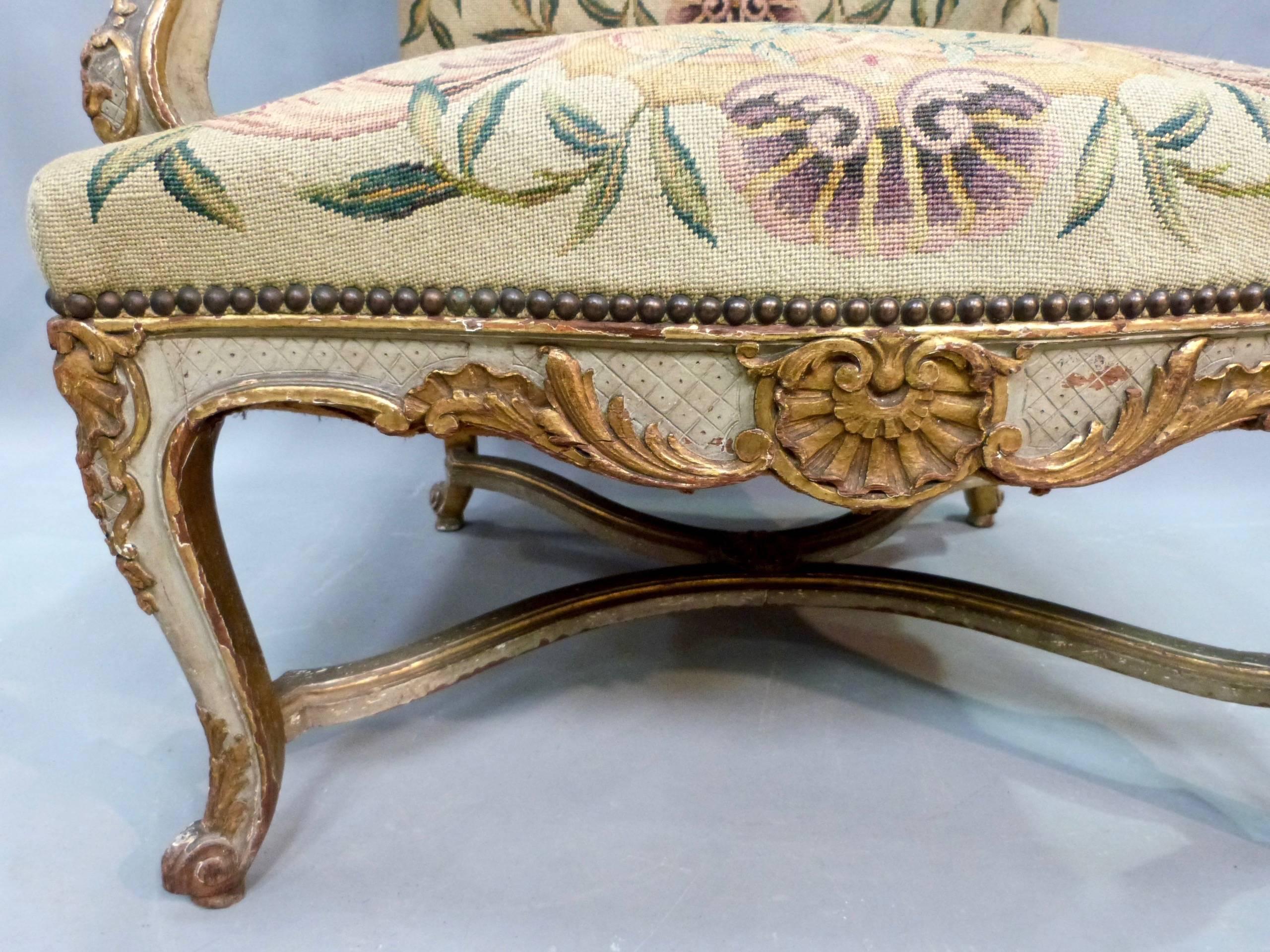 Upholstery Pair of 19th Century French Painted and Gilt Armchairs For Sale