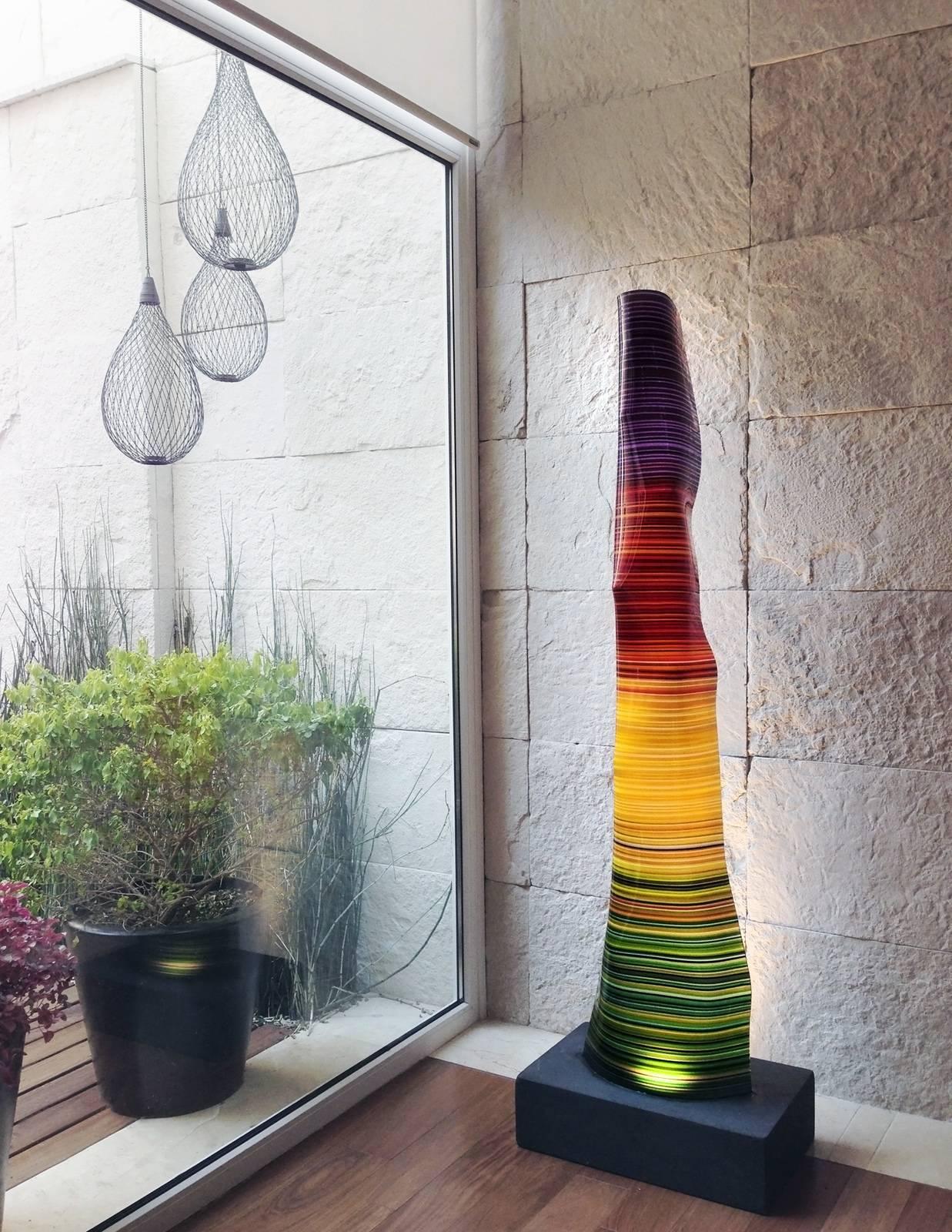 Mexican MAGIKARPET Medium Multicolor Barcode Glass Lamp over White Marble Lighting Base For Sale