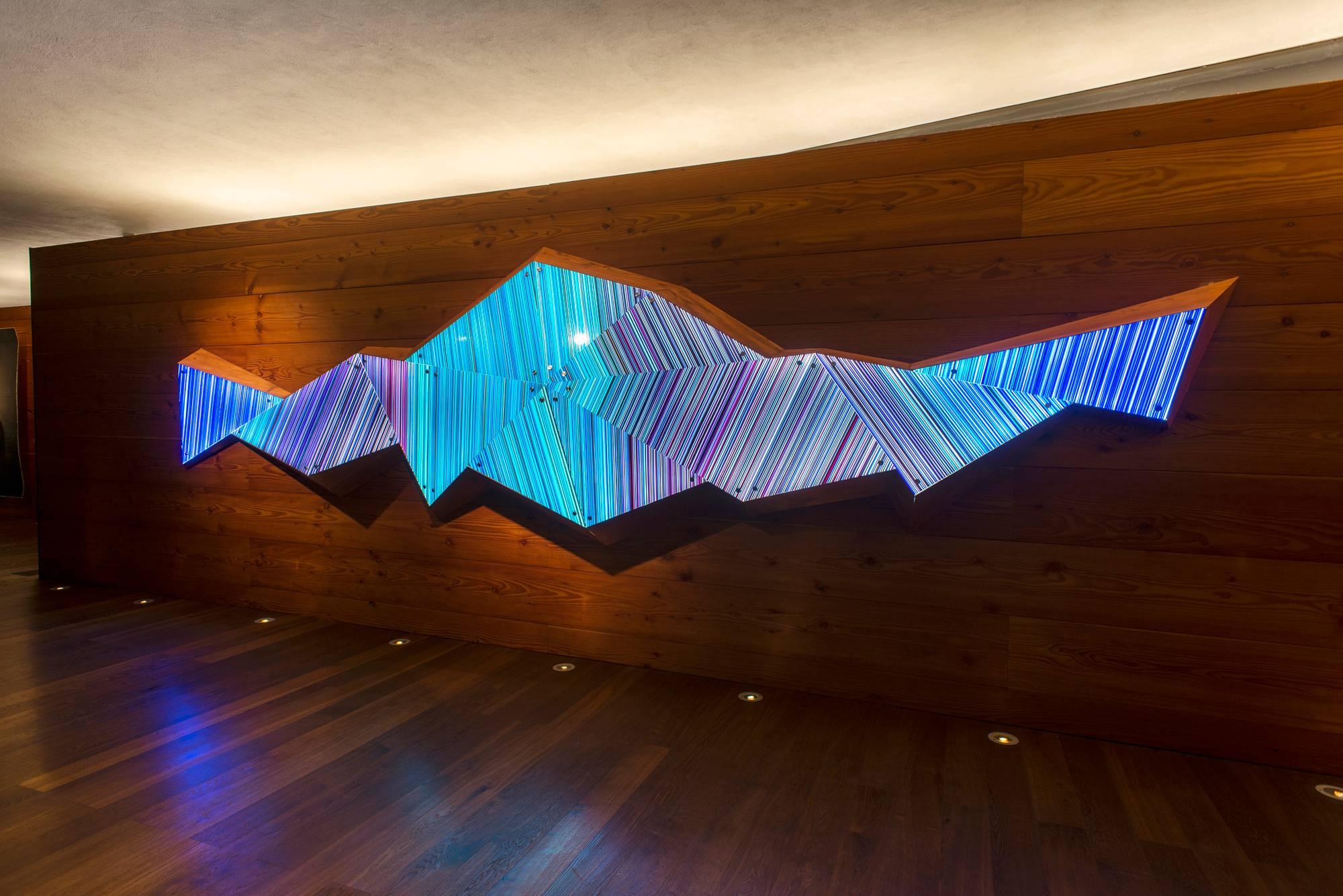 Mexican Purple Blue Scheme 3D Faceted Glass Barcode Sculpture Wall Light Installation For Sale