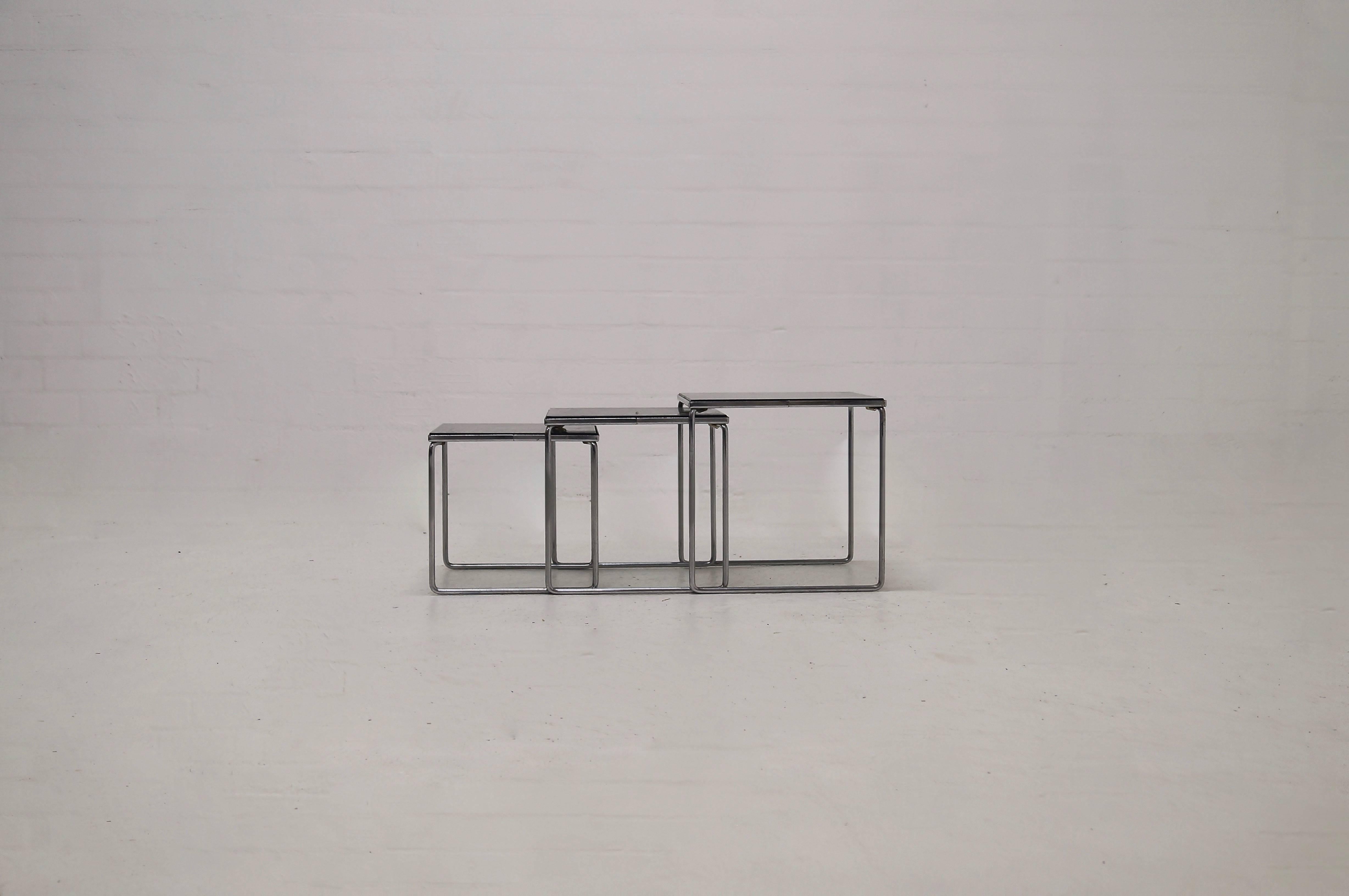 German Set of Milo Baughman Style Chrome and Smoked Glass Nesting Tables For Sale