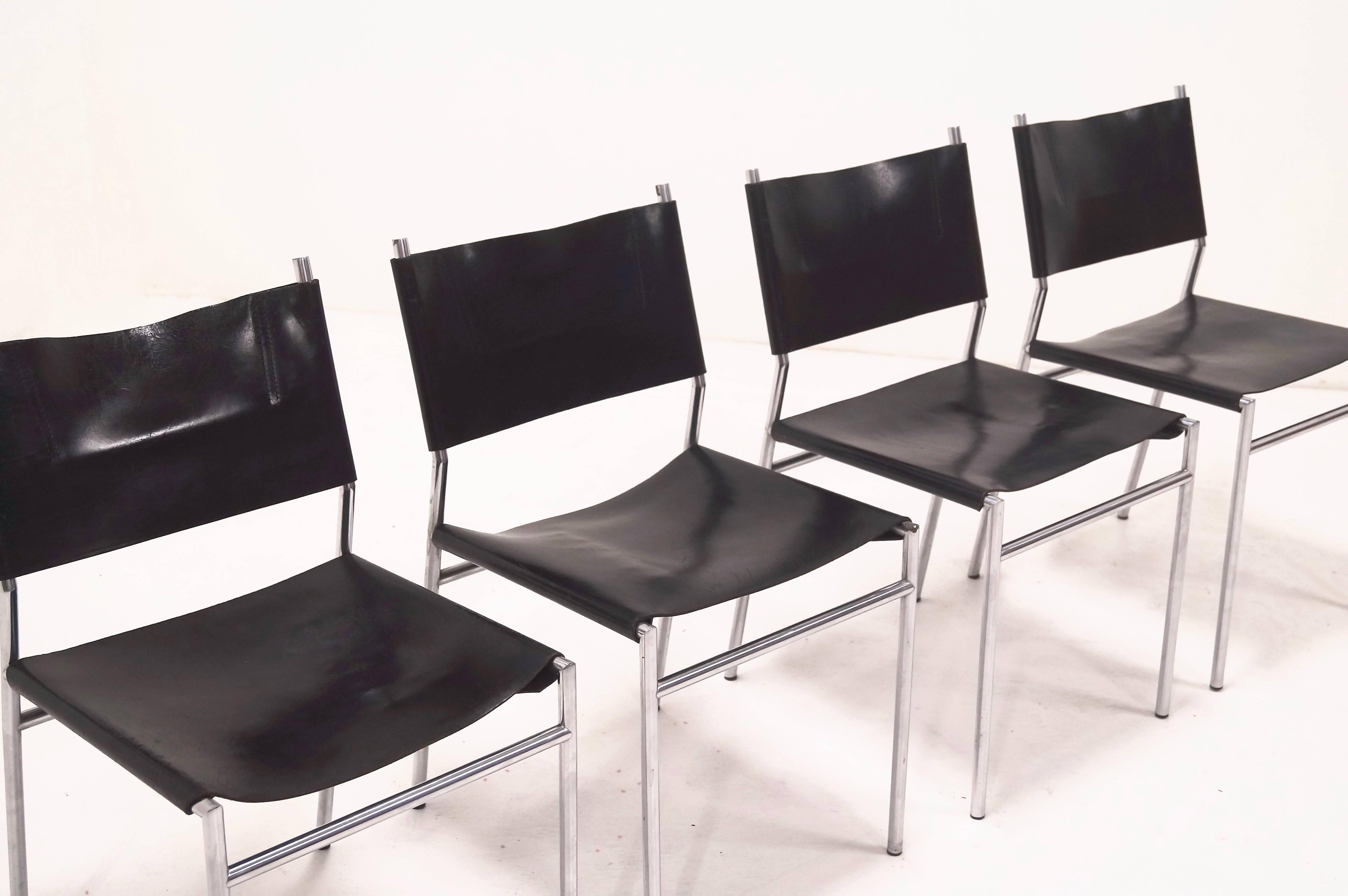 Dutch Set of Four Martin Visser Dining Chairs in Black Leather for 'T Spectrum, 1960s For Sale