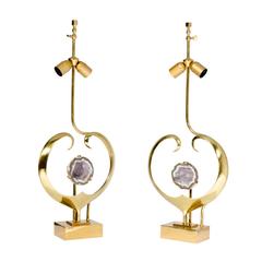 Pair of Lamps by Willy Daro Brass and Amethyst