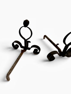 Rare wrought iron andirons with boar's head, French late 19th century.