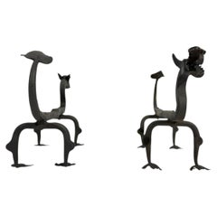 Pair of Andiron in Wrought Iron mod "Dragon" 1940's