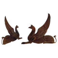 19th-Century Bronze and Wrought Iron Andirons Featuring Griffins