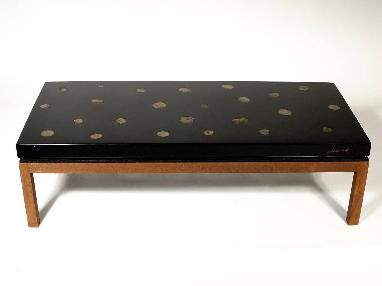 Coffee table by E. Allemeersch black resin and marcassite. Signed by the artist, 
circa 1980.