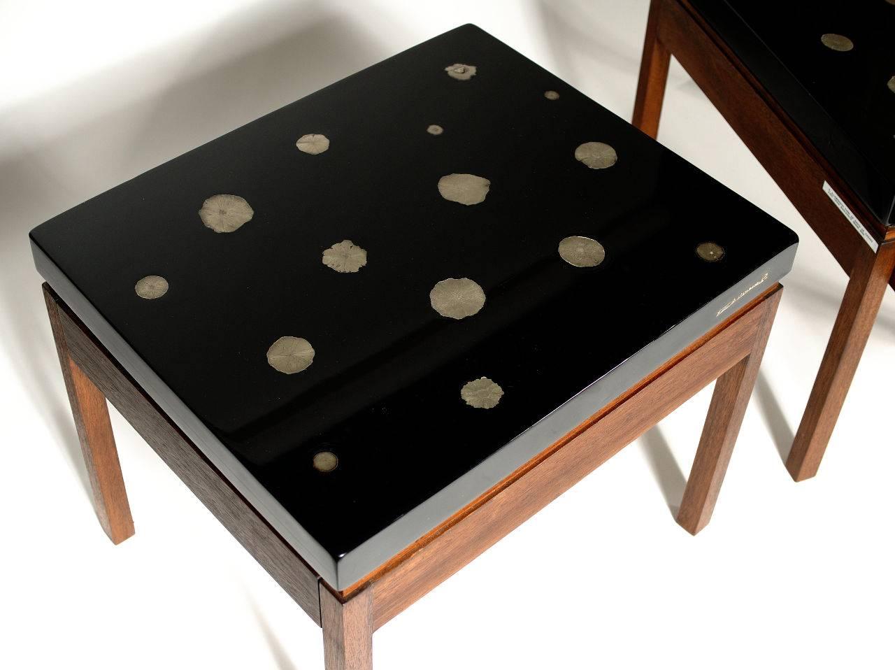 Mid-Century Modern Pair of Side Tables by E. Allemeersch Black Resin and Marchasite For Sale
