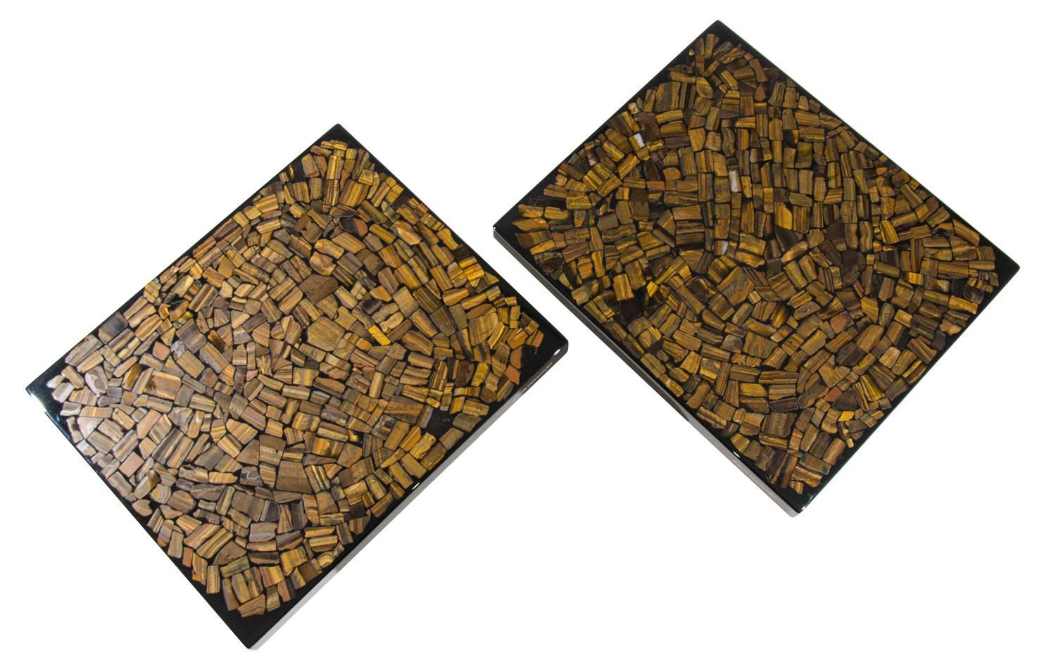 Pair of side table by E. Allemeersch black resin inlay tiger eyes, mosaic in tiger eyes, signed by the artist, circa 1980.