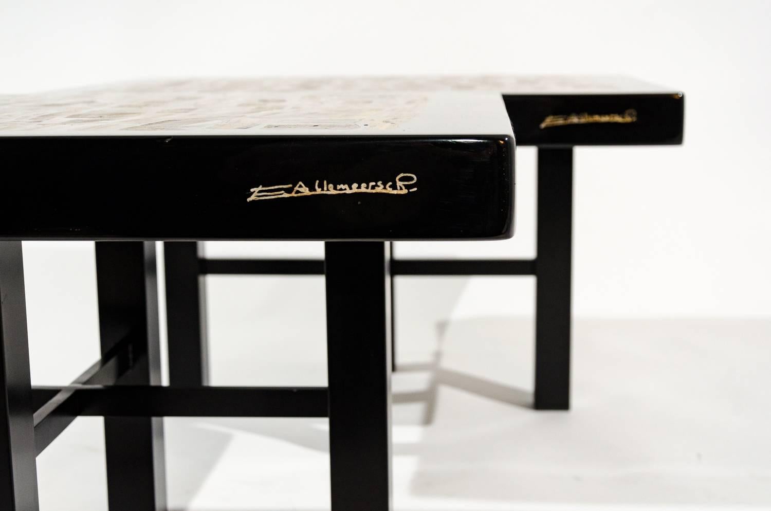 Mid-Century Modern Pair of Side Table by E. Allemeersch Black Resin Inlay Tiger Eyes