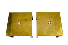 Pair of Side Table Etched Brass Inlay Agate Signed ADS