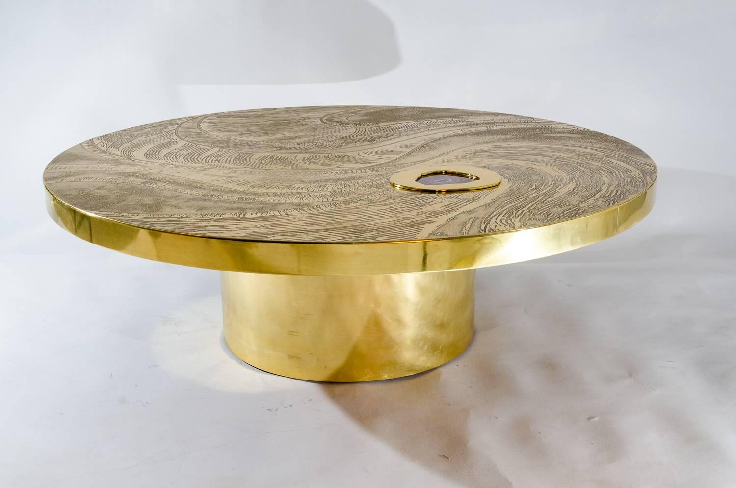 Etched brass coffee table inlay agate by VDL, circa 1978, signed and dated V.VD.L. 78, perfect conditions, new polish.