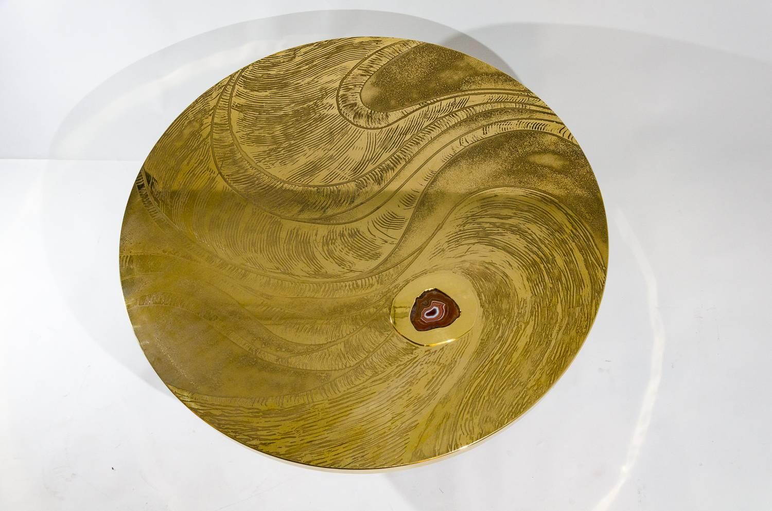 Mid-Century Modern Etched Circular Brass Coffee Table Inlay Agate by VDL, circa 1978