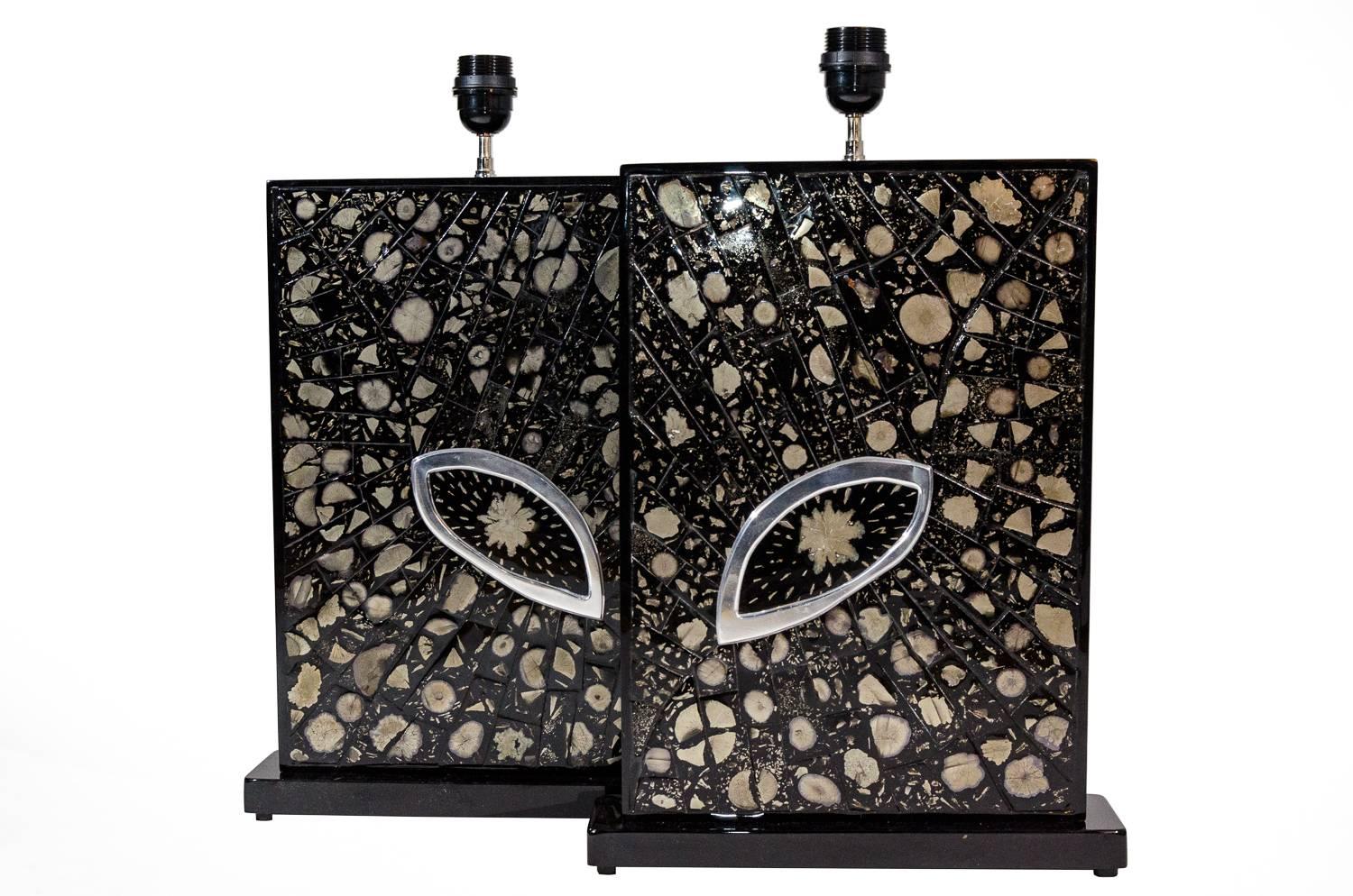 One of a kind studio built pair of Lamps in black resin with inlaid marcassite by Stan Usel.
Exceptional craftsmanship. All pieces can be custom made to order. Signed by the artist, circa 2016.
Dimentions with shades: 24cm X 58cm X