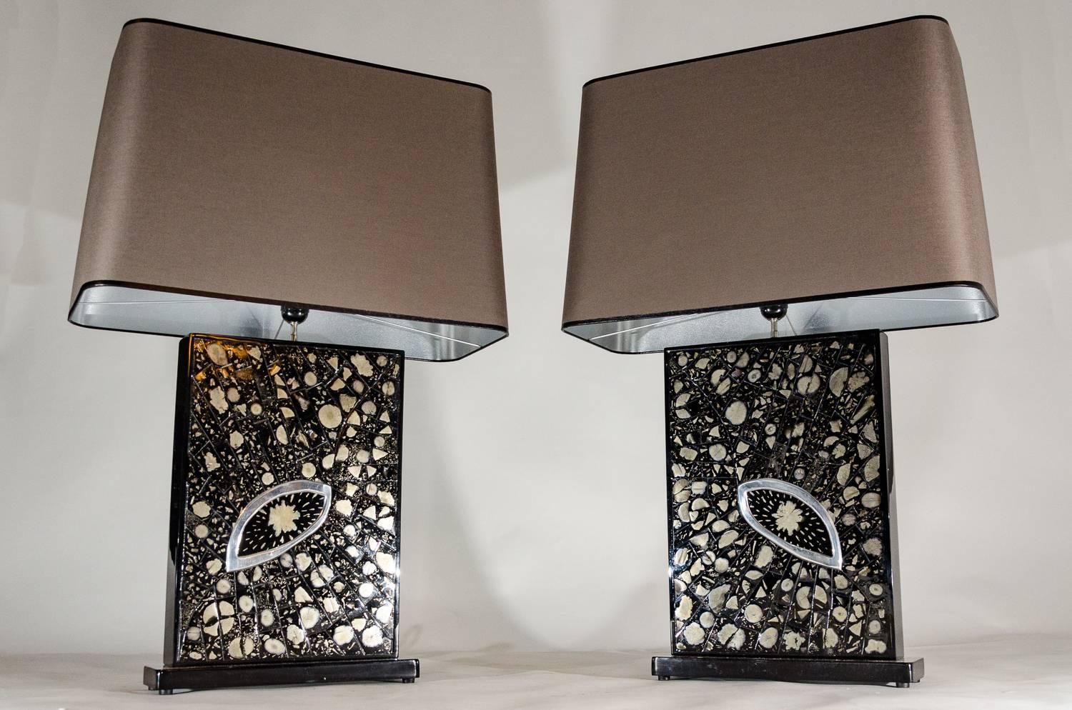 Mid-Century Modern Pair of Table Lamps in Black Resin Inlay Marcassite by Stan Usel For Sale