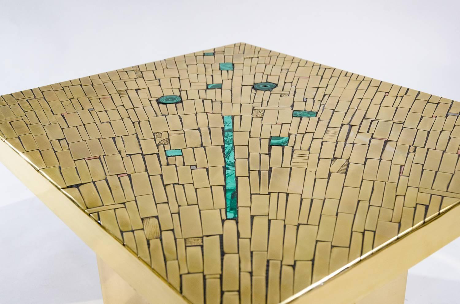 Mid-Century Modern Pair of Side Table in Brass Mosaic Inlay Malachite by Stan Usel