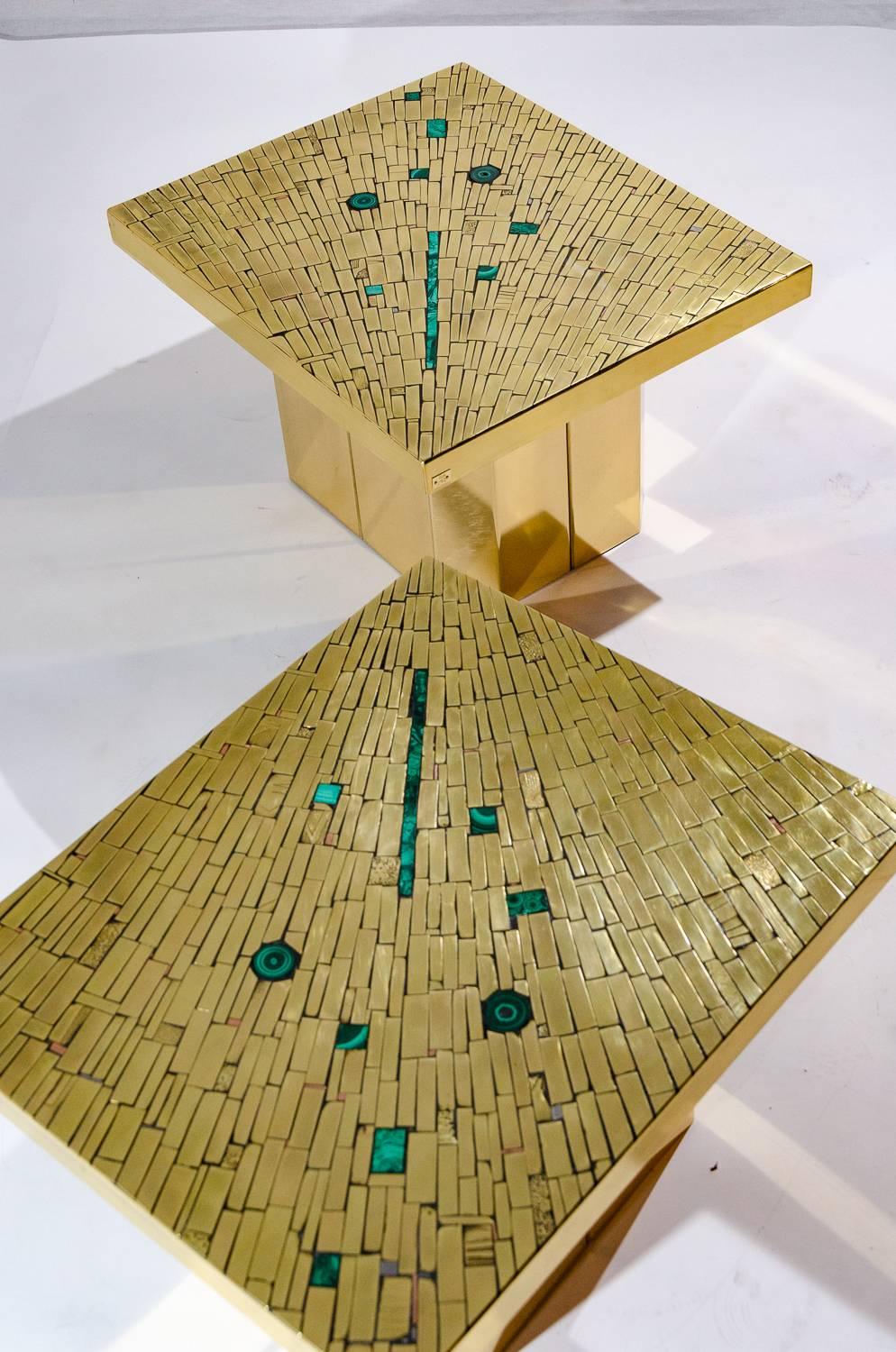 Contemporary Pair of Side Table in Brass Mosaic Inlay Malachite by Stan Usel