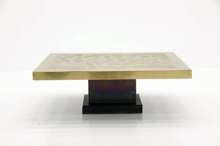 Coffee table square etched brass by Armand Jonckers circa 1970, signed atelier d'Armand Jonckers. This furniture has been fully restored at the Jonckers workshop.