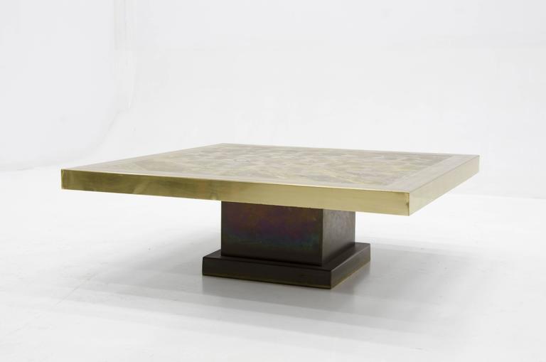Mid-Century Modern Coffee Table Square Etched Brass by Armand Jonckers, circa 1970 For Sale