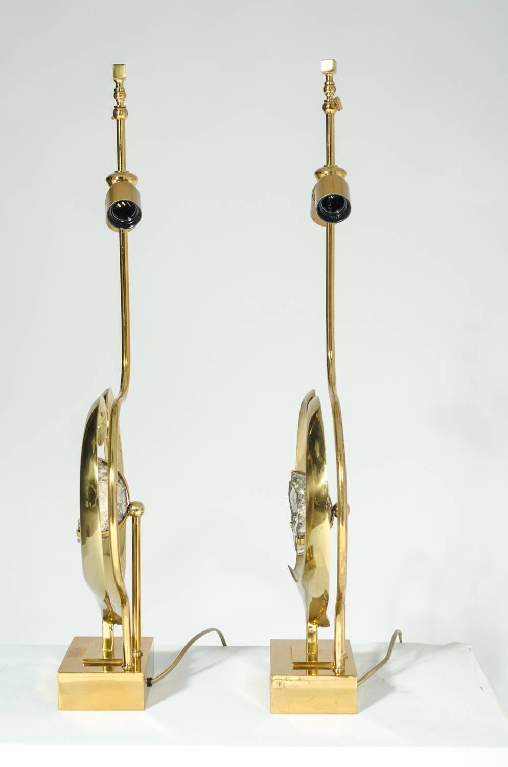 Pair of Lamps in Brass and Amethyst by Willy Daro  In Excellent Condition In Brussels, BE